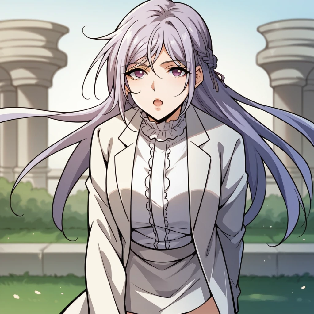 score_9_up, score_8_up, score_7_up, source_anime, 1girl, solo, Mu_Ningxue, sun light, pillars, posing, hand on thigh, leaning forward, pensive, open mouth, looking at you, face focus, light purple hair, long hair, purple eyes, white sleeves, long sleeves, collared shirt, frilled collar, frilled shirt, white shirt, white skirt, pencil skirt, coat, white coat,  mature body, dynamic cowboy shot, outdoors, garden background