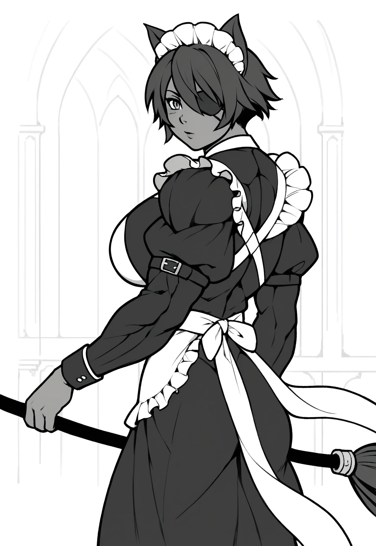 safe_pos, score_9, score_8_up, score_7_up, score_6_up BREAK five fingers,1girl,(((monochrome)),dark skin, line art,solo,muscular,muscles,huge breasts, hair ears, slit pupils,short hair, hair between eyes, tail, tail ring, holding broom with both hands,from side,,,sweeping,raised eyebrows,maid dress,frills,arm belt,indoors,mansion,eyepatch,maid,walking,broom,