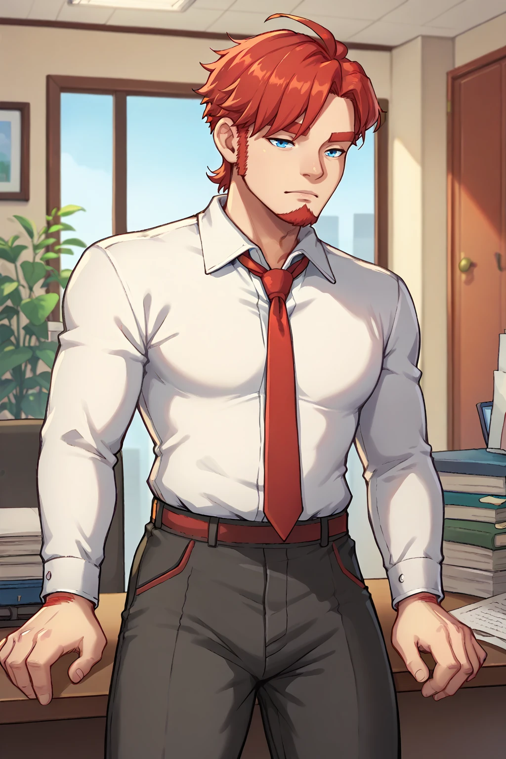 score_9, score_8_up, <lora:NSArloPortia:0.9> NSArloPortia, red hair, blue eyes, goatee, collared shirt, red necktie, black pants, formal, office, indoors