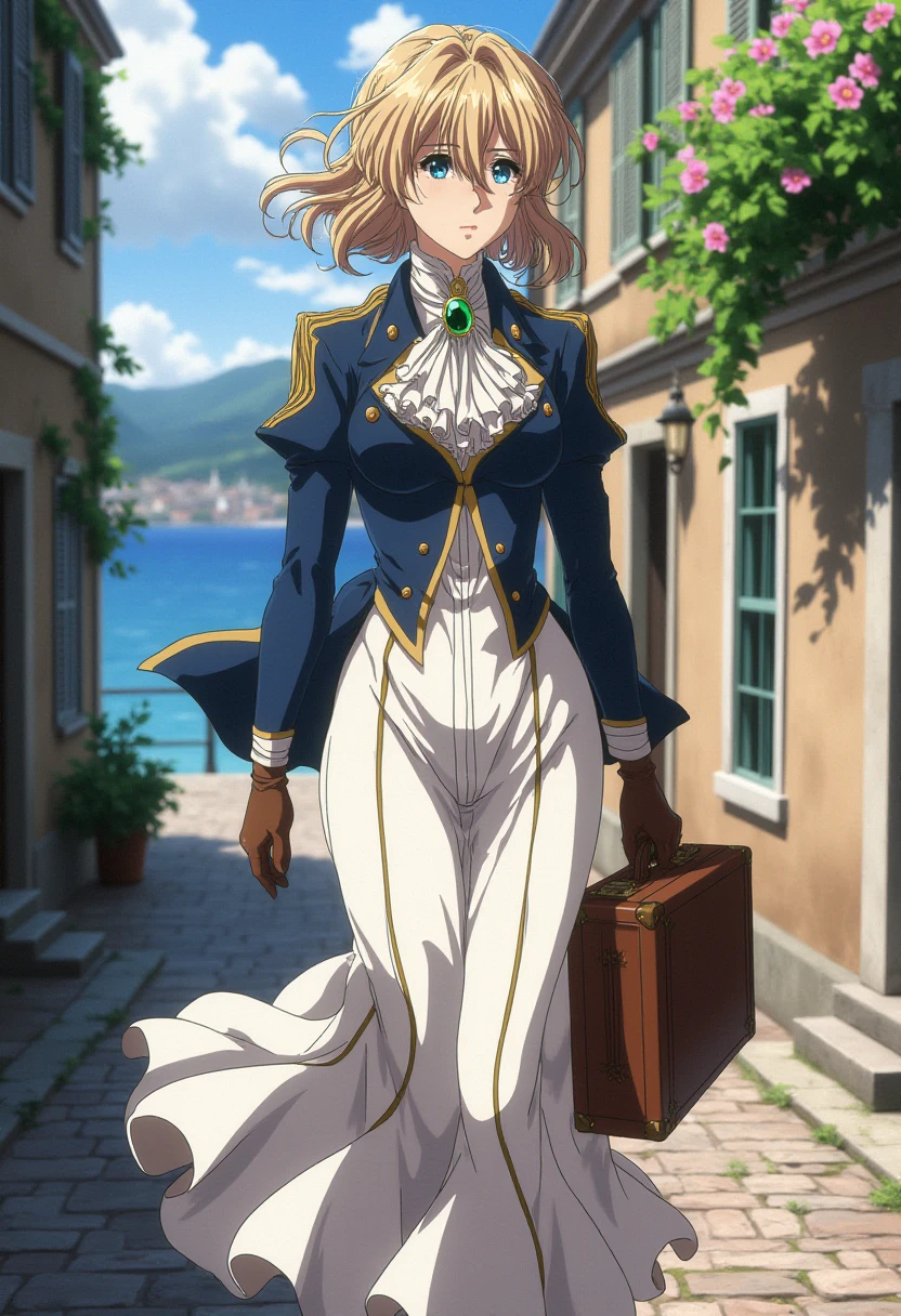 Anime style, sharp, high contrast and highly detailed. Ghibli anime style. Perfect anatomy. Perfect body ratio. No oversized head. No blurry, out of focus pictures. No simple background, no single color background
 <lora:Violet_evergarden_violet_flux_2_2:1> violeteg, blonde,,
 Her attire includes a navy blue fitted jacket with structured shoulders, cream-colored accents, and a high-collar neckpiece decorated with a ribbon and an emerald brooch. Underneath, she wears a long, flowing white dress with pleated designs and a high-waist cut that gives the outfit a refined, classic look. The dress billows gracefully as she walks, and the fabric appears light and delicate, complementing the regal structure of the jacket. She wears brown gloves.
She carries a brown suitcase by hand, which adds a practical yet stylish touch to her look. The overall color palette, with navy, cream, and brown, adds a serene and polished appearance to her as she walks down the cobblestone street in what appears to be a coastal European town, surrounded by flowers and a waterfront. The wind blowing through her hair and the subtle movement in her skirt highlight the sense of elegance and calm in her journey.