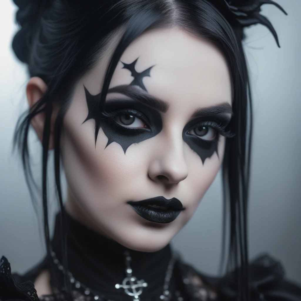 closeup portrait photo of beautiful goth woman, makeup, 8k uhd, high quality, dramatic, cinematic

