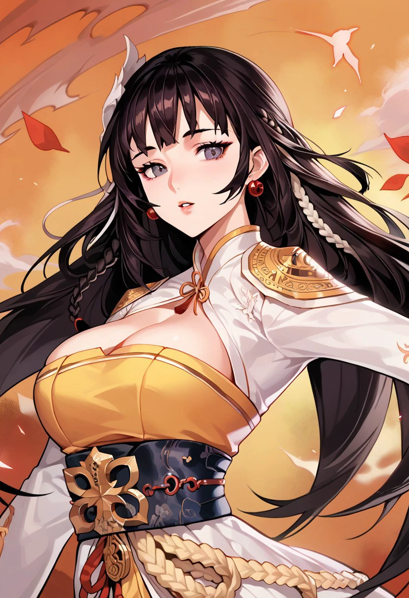 score_9,score_8_up,score_7_up,source_anime, SHAMAN_(DUNGEON_AND_FIGHTER),1girl,solo,breasts,looking at viewer,large breasts,long sleeves,hair ornament,dress,cleavage,jewelry,upper body,braid,earrings,parted lips,clothing cutout,chinese clothes,cleavage cutout,