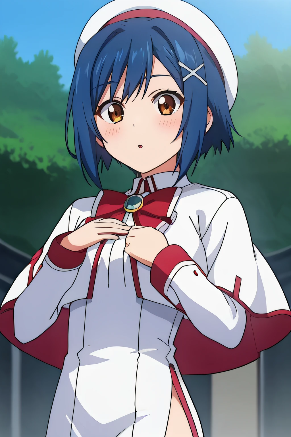 score_9, score_8_up, score_7_up, source_anime, rating_safe, intricate details, anime screencap, official style, 1girl, <lora:Granzchesta_Aika:1>, aika, blue hair, short hair, hair ornament, brown eyes, alternative costume, white beret, red bowtie, brooch, (white capelet), long sleeves, long dress, dress, printed dress, side slit, looking at viewer, outdoor, cowboy shot, hands on chest, surprised, parted lips, blush, form below