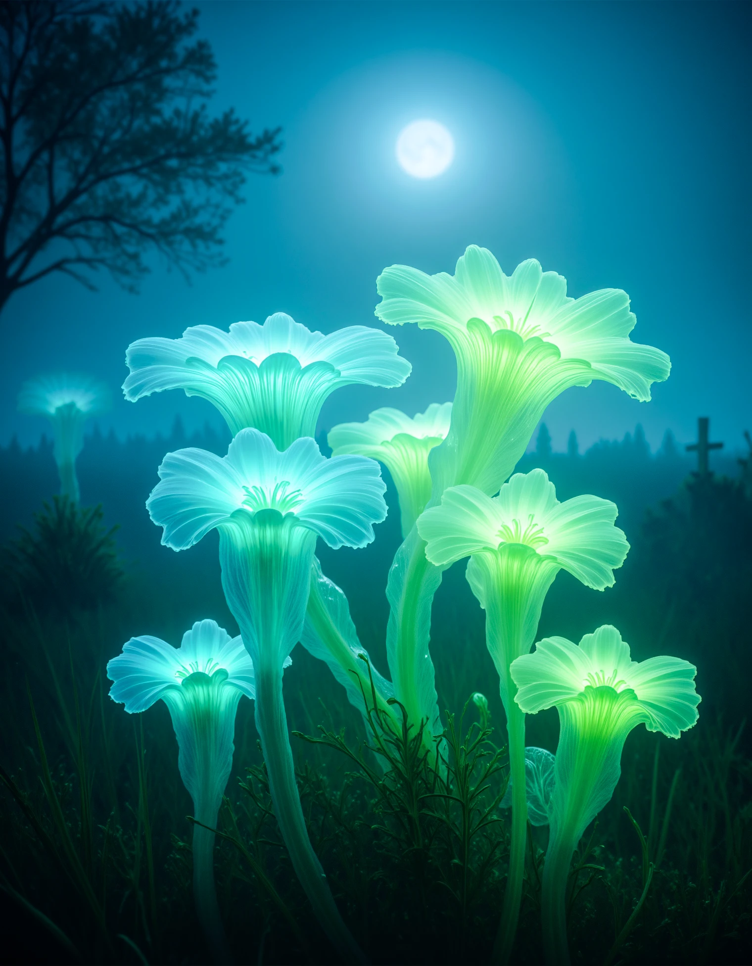 zavy-ctplsm, In a misty, moonlit meadow, strange flowers made of ectoplasm bloom. Their petals are translucent, glowing with a soft green and blue luminescence that casts faint shadows on the ground. The air around the flowers seems to ripple as ghostly wisps float above them. A light breeze moves through the meadow, and the ectoplasm flickers like a candle in the wind, creating a mesmerizing, dreamlike scene