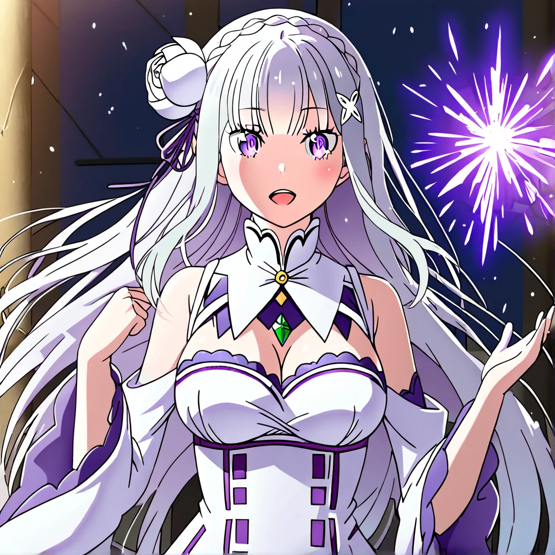 <lora:Emilia:1>, emilia, is a beautiful half-elf, with long silver hair, purple-blue eyes, wears a white and purple outfit, with a white flower in her hair, large breasts, big butt, purple accessoire in hair, green crystal near chest, on sleeves are a yellow phoenix logo, solo, surrounded with magic, on a battlefield