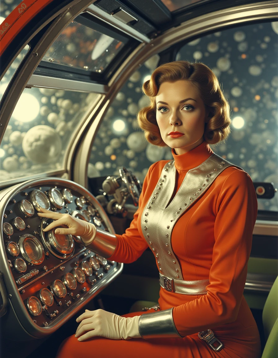 (((Old science fiction TV series))), Fotografia, Extremamente realista, Scene from an old science fiction TV series from the 1950s with human actors and actors talking to each other in a meeting dressed as aliens and robots. with a retro spaceship in the background of the scene, flying saucers and stars in the sky, Science Fiction TV series with monsters, beautiful sensual young actress, (((anos de 1950))), Ancient aesthetics,