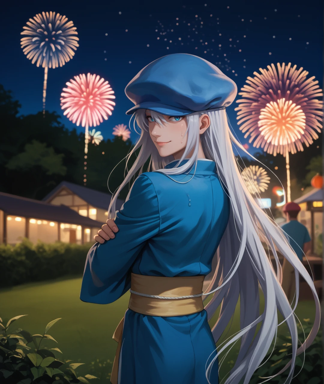 score_9, score_8, score_7, score_6_up, source_anime, outdoors, fireworks, depth of field, rimlight, night,
BREAK
1boy, hxhkite, skinny, androgynous, white hair, grey hair, very long hair, hair over one eye, cabbie hat, messy hair, smile, sideways glance, looking back, from behind, blue kimono, sash, smirk, japanese clothes, sweat, crossed arms,
<lora:hxhkite-ravenfoot-v1final:0.8>