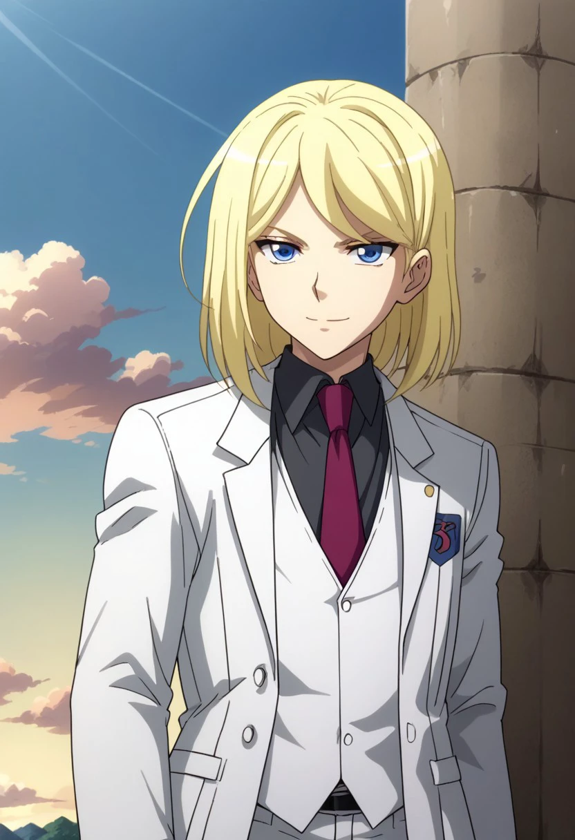 score_9, score_8_up, score_7_up, source_anime, highly detailed, 
shion_xt, 1boy, male focus, solo, blonde hair, medium hair, blue eyes, formal, suit, shirt, black shirt, collared shirt, necktie, red necktie, vest, white vest, jacket, white jacket, pants, white pants, upper body, smile, determined, looking at viewer,
outdoor, sky, cloud, tree,