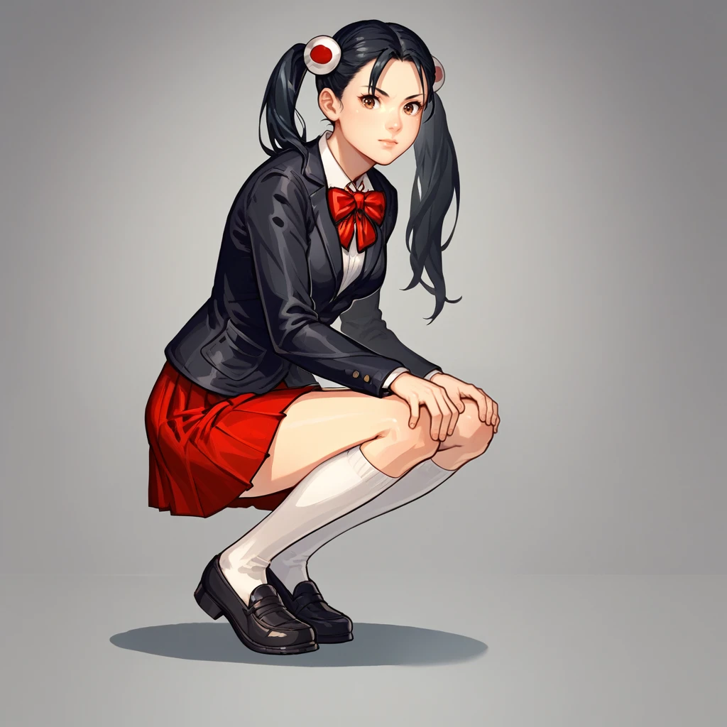 score_9_up, score_8_up, BREAK, YurikoOmega, 1girl, solo, black hair, Twintails, brown eyes, school uniform, red bow, white shirt, black jacket, red skirt, <lora:YurikoOmega_PXL_Leaf1:1>,  white sock, black footwear, squatting,  hands on knee,