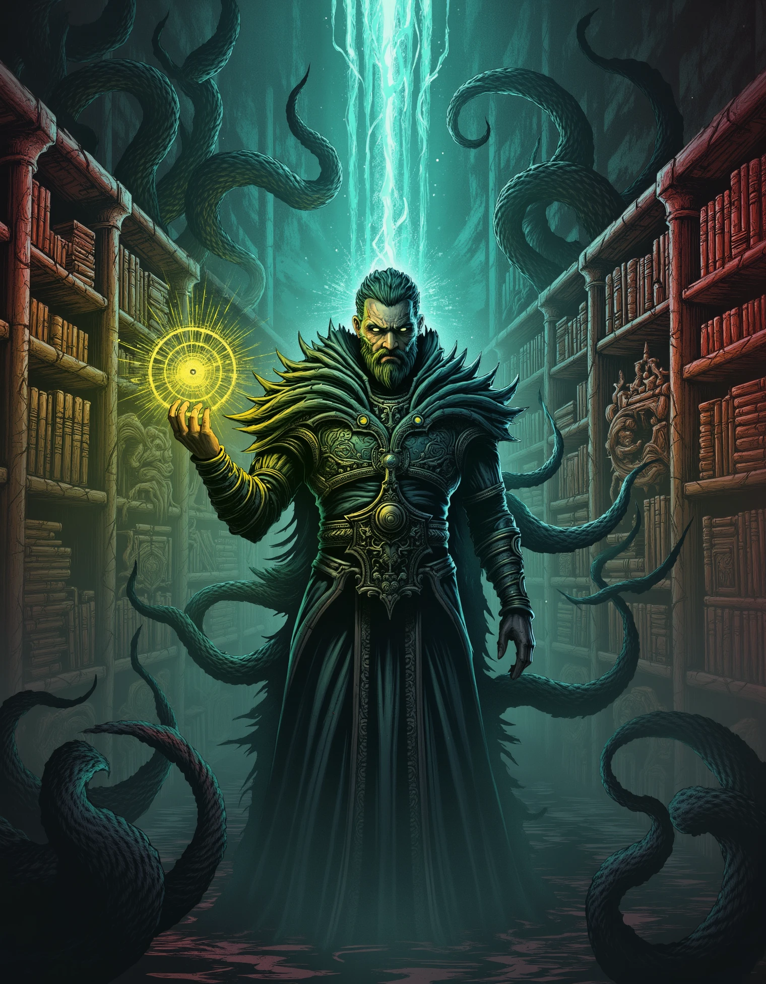 zavy-fltlnpnt, A warlock, clad in dark, ornate robes, stands in the center of a vast, dimly lit library filled with ancient tomes and forbidden knowledge. His outstretched hand holds a glowing eldritch tome, and shadowy tentacles emerge from the darkness behind him, ready to obey his command. The shelves around him are filled with artifacts, each pulsing with ominous energy, and a faint, otherworldly whisper can be heard