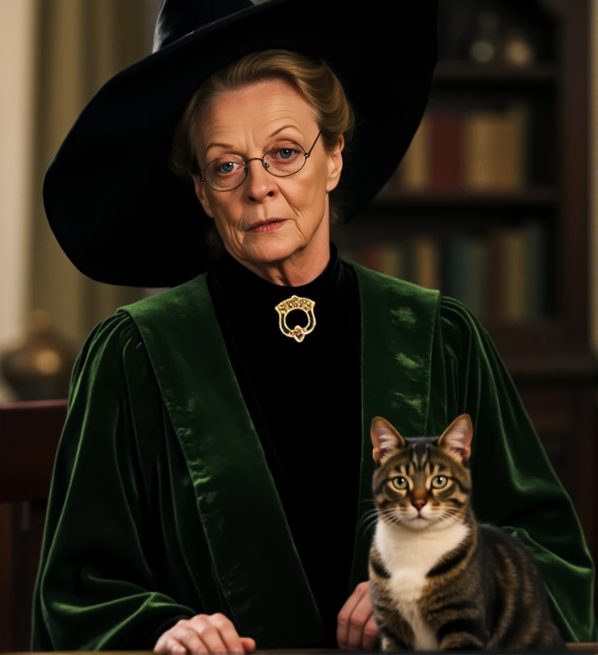 f/2.8 , bokeh,  <lora:minerva-mcgranitt-flux-m3g1s:1.2> m3g1s, harry potter syle, stern-looking witch in a dark green dress with rectangular glasses, while her spotted cat sits beside her on the desk