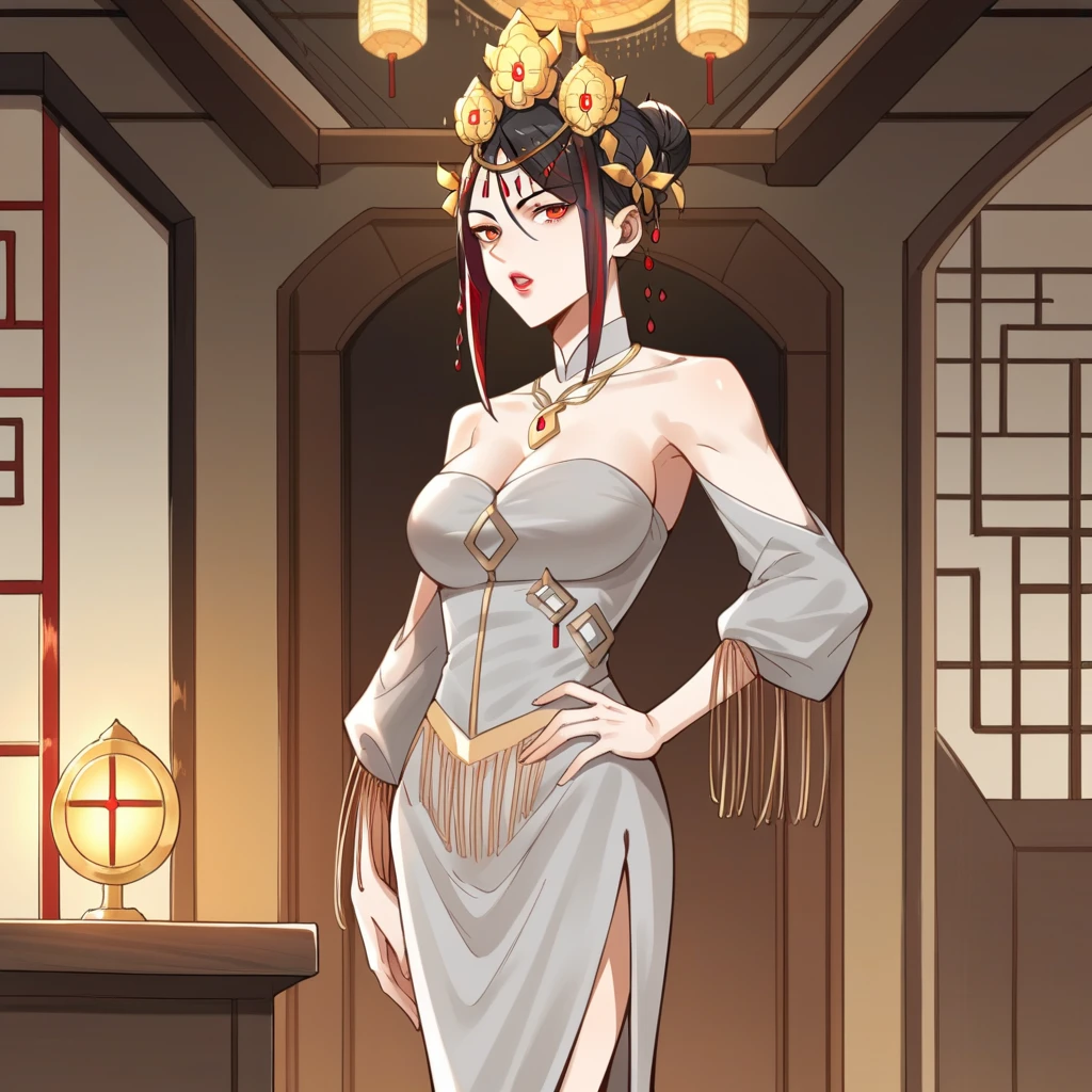 score_9_up, score_8_up, score_7_up, source_anime, 1girl, solo, Mulan, Jin_Wed, grand hall, Chinese interior, chandelier lantern, standing, hand on hip, open mouth, looking at you, from side, side profile, red eyes, red lips, black hair, streaked hair, red hair, hair bun, tiara, alt hair ornament, red eyes, cleavage, wedding dress, strapless dress, alt dress, grey dress, jewelry, necklace, detached collar, detached sleeves, grey sleeves, long skirt, side slit,mature body, dynamic cowboy shot, indoors, Chinese architecture background