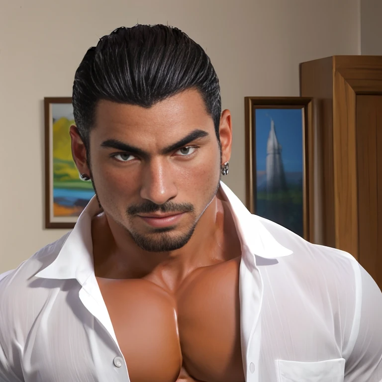 absurdres, (RAW photo), close-up, portrait, <lora:RicoElbaz:0.8>, open clothes, ricoelbaz, muscular male, indoors, looking at viewer, latino, white shirt