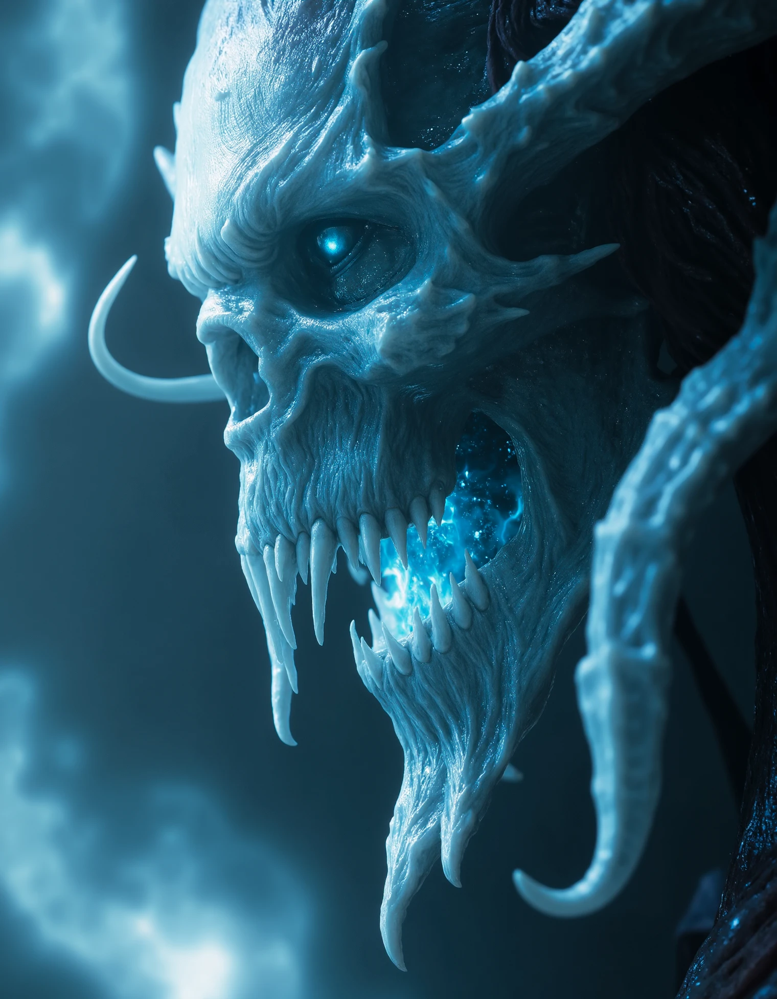 zavy-dmnc, Close-up of a spectral demon priestess, her skin almost entirely transparent, glowing with a pale, ghostly blue light. Her bones and veins are visible beneath the surface, coursing with glowing dark energy. Her eyes are voids of shadow, flickering with dim, blue flames, while her mouth drips with black, smoky mist. Her elongated, twisted horns glimmer faintly as her ethereal form twists and contorts in unnatural ways, hovering above the ground, cloaked in a veil of dark, shadowy mist. Symbols of demonic power flicker around her like phantom sigils