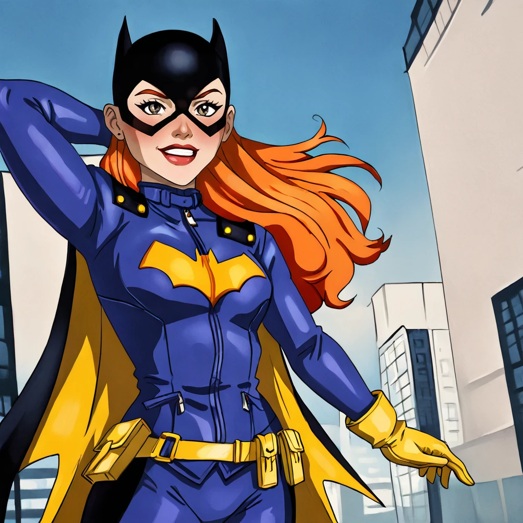 <lora:batgirlburnside_pony_v1:1> BatgirlBurnside, 1girl, cape, domino mask, bodysuit, gloves, superhero, orange hair