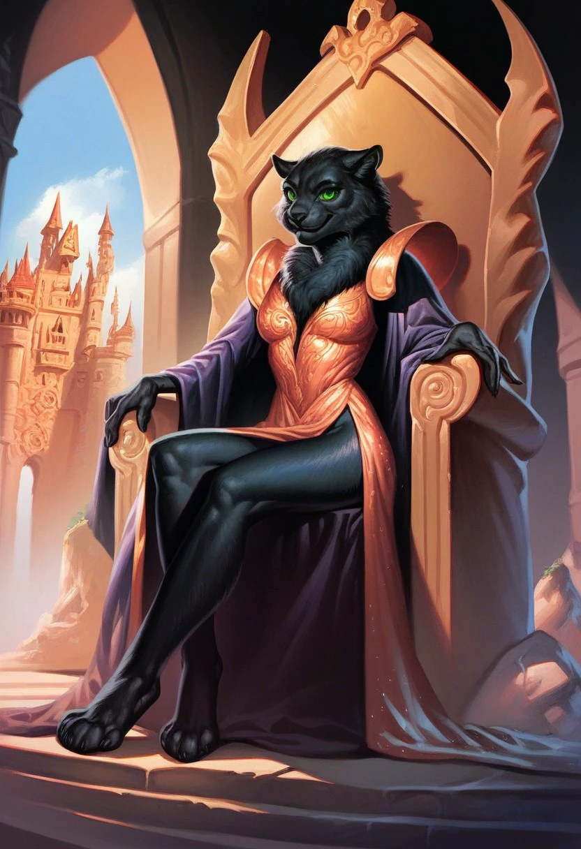 score_9_up, score_8_up, score_7_up, score_6_up, 1girl, solo, pantera, furry female, black fur, (long shimmering gown), green eyes, sitting in a throne, fantasy castle, sly smile, (realistic), (painted art)