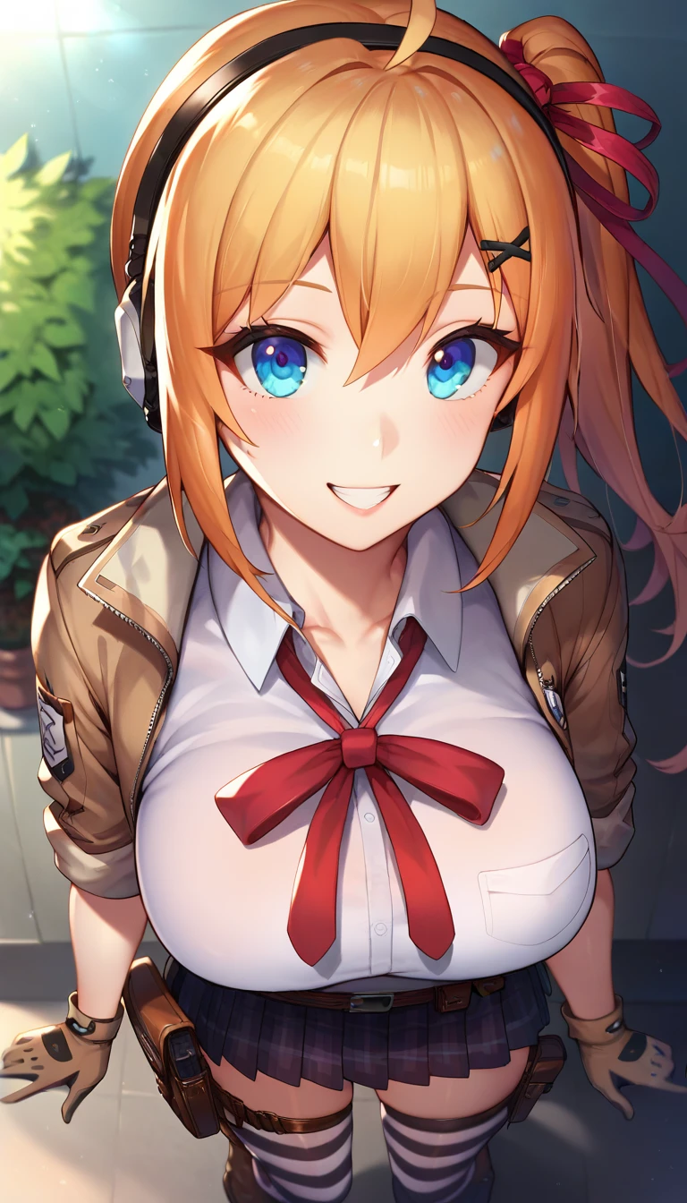 score_9,score_8_up,score_7_up,score_6_up BREAK official art,solo,outdoors,upper body,(portrait:1.5),looking at viewer,facing viewer,smile,blush,Kalina,ahoge,long hair,orange hair,sunglasses on head,headset,one side ponytail,x hair ornament,hair ribbon,sidelocks,hair between eyes,parted bangs,blue eyes,collarbone,cleavage,brown jacket,open jacket,collared shirt,white shirt,breast pocket,neck ribbon,red ribbon,loose bowtie,long sleeves,large breasts,sleeves rolled up,brown gloves,belt pouch,miniskirt,black skirt,plaid skirt,pleated skirt,zettai ryouiki,striped thighhighs,mismatched legwear,thigh holster,high heel boots,cross-laced footwear,brown footwear,<lora:Kalina(gf)-Pony:1.6>,