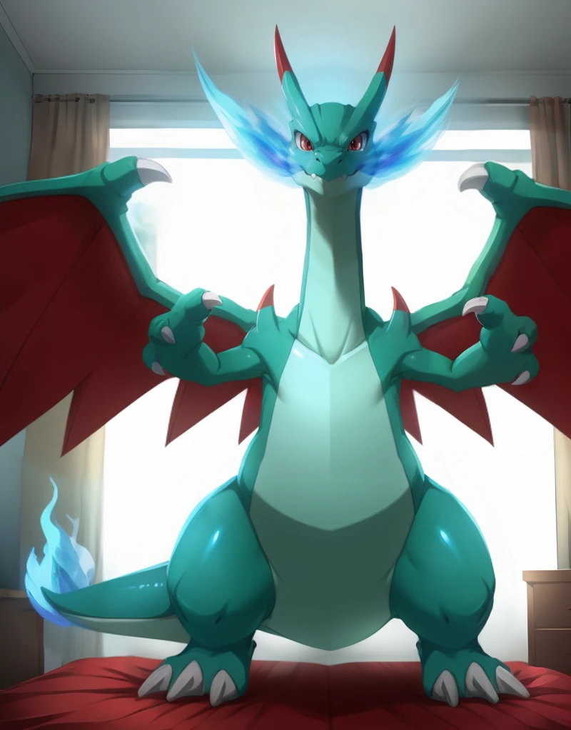 (((detailed eyes, detailed face))), (feral, shiny megacharizardx <lora:character_charizard_megax_findigo_v2+1_shiny:1>, green skin, green belly, (red wings), claws, 3 fingers, red eyes), male, (solo), (plump), (sfw), standing, (arms up), smile, (front view) BREAK (by bna_v5, by inkudoragoon, by kicktyan), bedroom, (flat shading, flat color, high brightness), 8k, UHD, masterpiece, (full body), (blue flame), (((red wings)))