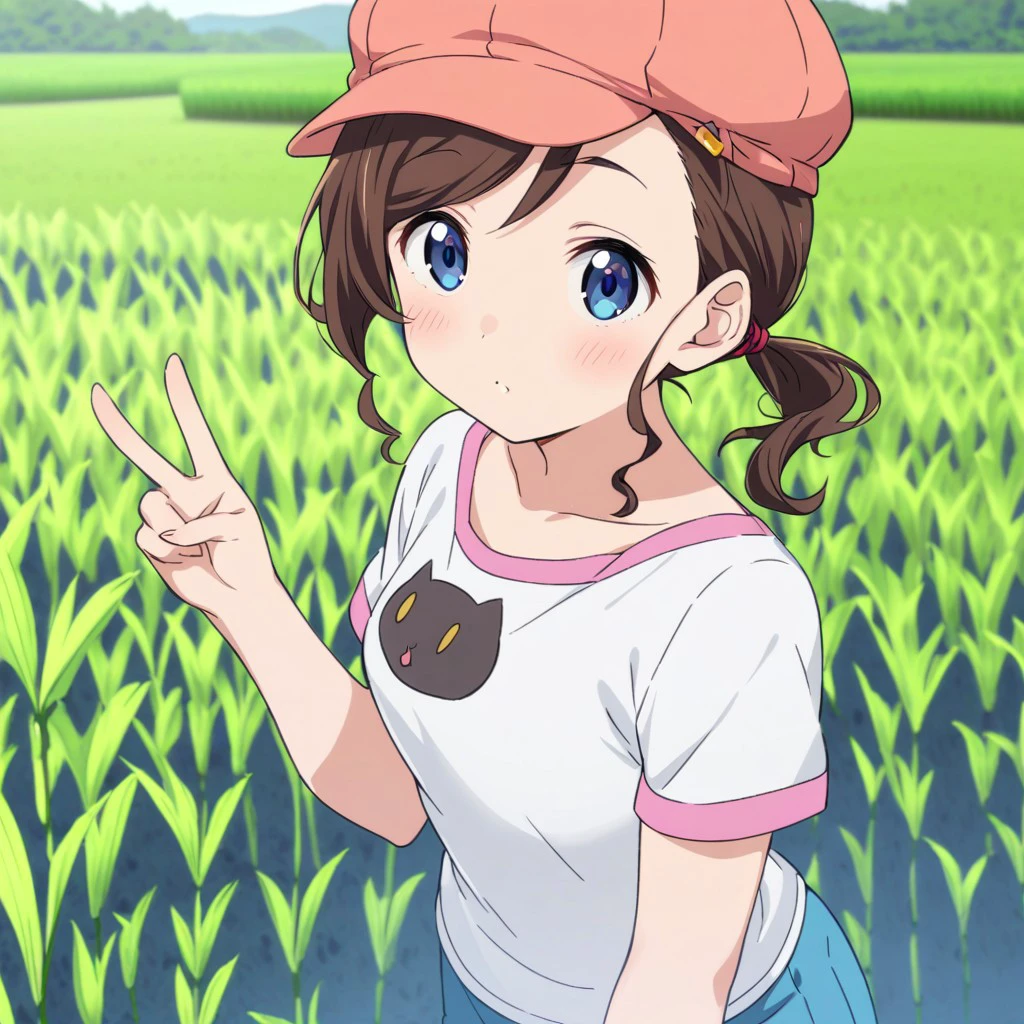 Rice Paddy,1girl,Inuyama Mana(GeGeGe no Kitarou),(solo),collarbone,cheerful,peace sign,salmon cabbie hat,hair-pin,short sleeves,Pink Trim white T-shirt,blue eyes,(blue shorts),swept bangs and hair pulled back,Brown medium hair,hair tie,wavy hair,low ponytail,black cat print on T-shirt