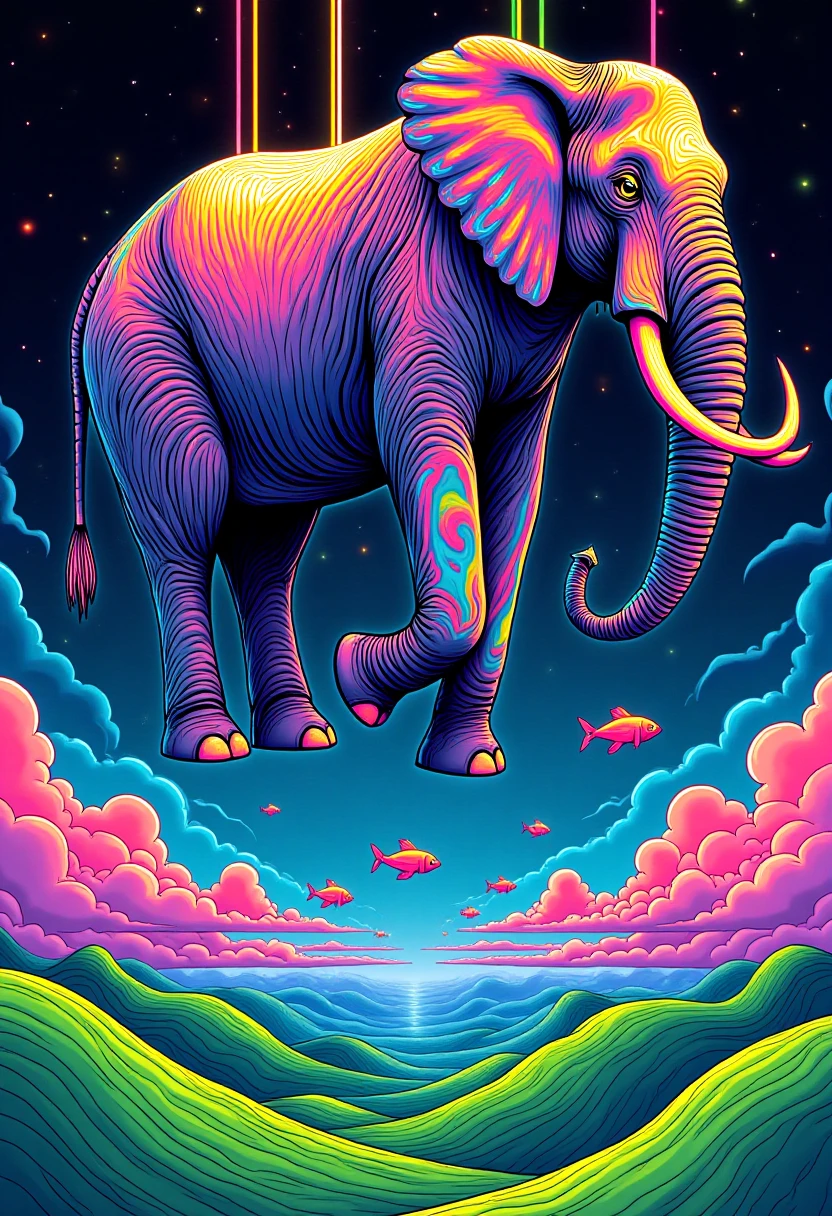 PschadelicPopSurrealism,  A gigantic, vividly painted elephant floating weightlessly in a sky of liquid rainbow. Each of its tusks emits beams of colored light, and around it swim a school of fantastical, glowing fish. Below, the landscape is made of rolling hills of neon green and electric blue. The scene feels like a mix of dreamlike surrealism and vibrant, cosmic fantasy.