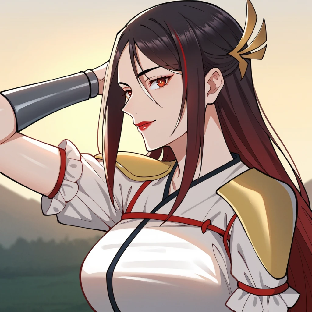 score_9_up, score_8_up, score_7_up, source_anime, 1girl, solo, Mulan, Jin_Def, sun light, clouds, standing, seductive smile, looking at you, hand in hair, upper body, face focus, from side, side profile, angled shot, red eyes, red lips, black hair, streaked hair, red hair, long hair, dress, white dress, puffy short sleeves, frilled sleeves, white sleeves, shoulder armor, red chest strap, white sash, grey gauntlets, pelvic curtain, mature body, dynamic cowboy shot, outdoors, sky clouds background