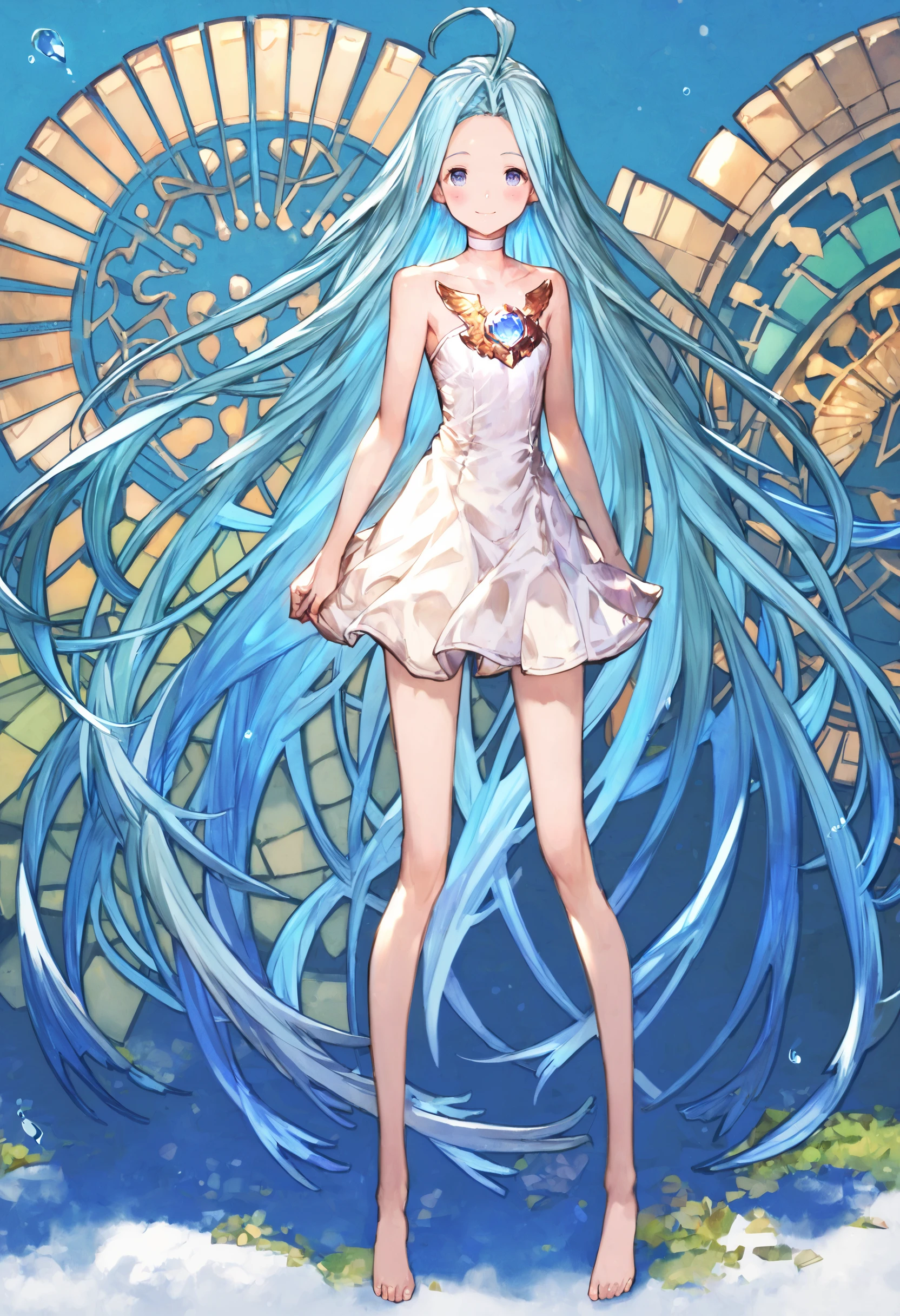 score_9, score_8_up, score_7_up,score_6_up, source_anime, best quality, aesthetic, absurdres,
1girl, solo, smile, blush, (clear eyes:1.2), looking at viewer, full body,
Lyria (Granblue Fantasy), very long hair, blue hair, (body_slim, skinny:1.1), white choker, blue gem, white cami-dress, bare shoulders, strapless,  miniskirt, barefoot,
(clear eyes:1.1), <lora:Lyria-Pony:0.8> <lora:IshikePony:0.3>