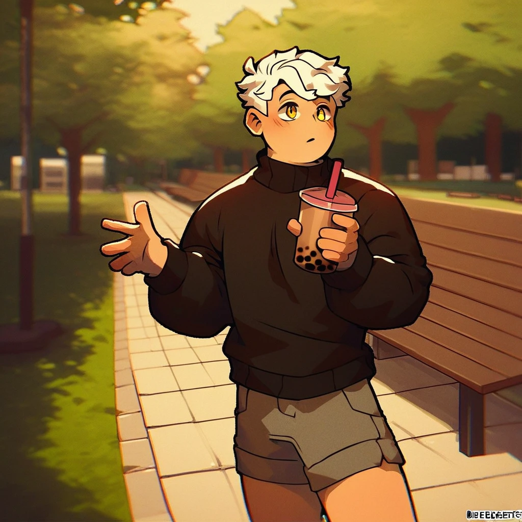 score_9_up, score_8_up, score_7_up, mikus-revereets, black body, white hair, yellow eyes, park, holding, bubble tea, black sweater, gray shorts, 1boy, solo