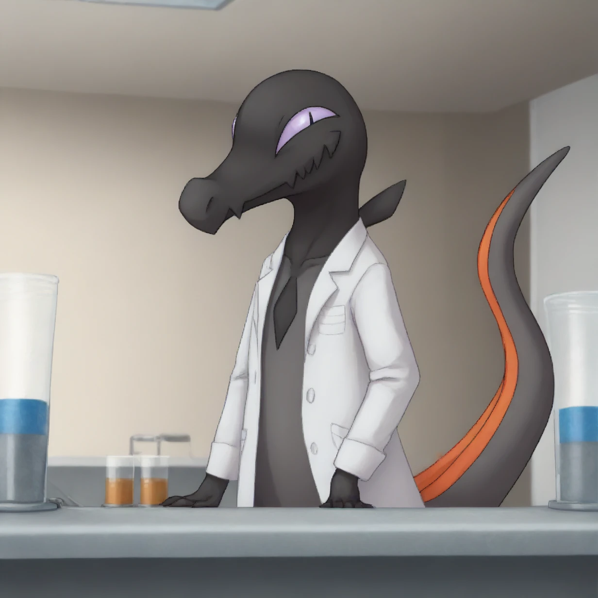 salandit, inside, science lab, beaker, lab coat, standing, tail, table, looking at viewer