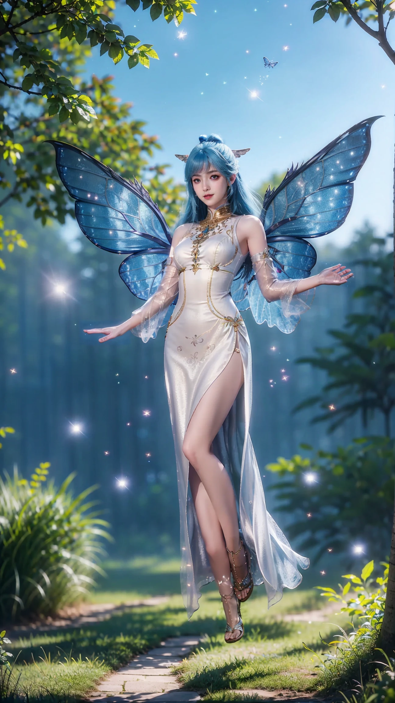 1girl,solo,long hair,bangs,blue hair,hair ornament,braid,blue eyes,closed mouth,jewelry,dress,butterfly wings,glowing wings,toes,sandals,(levitation on air,flying:1.3),looking at viewer,outdoors,night sky,flower,((glowing)),(glowing particles,sparkle),fireflies,(scenery),shiny,blurry,(full body),Highly detailed,(ultra-detailed),(best quality,masterpiece:1.5),<lora:20240928-1727465731121:0.6>,