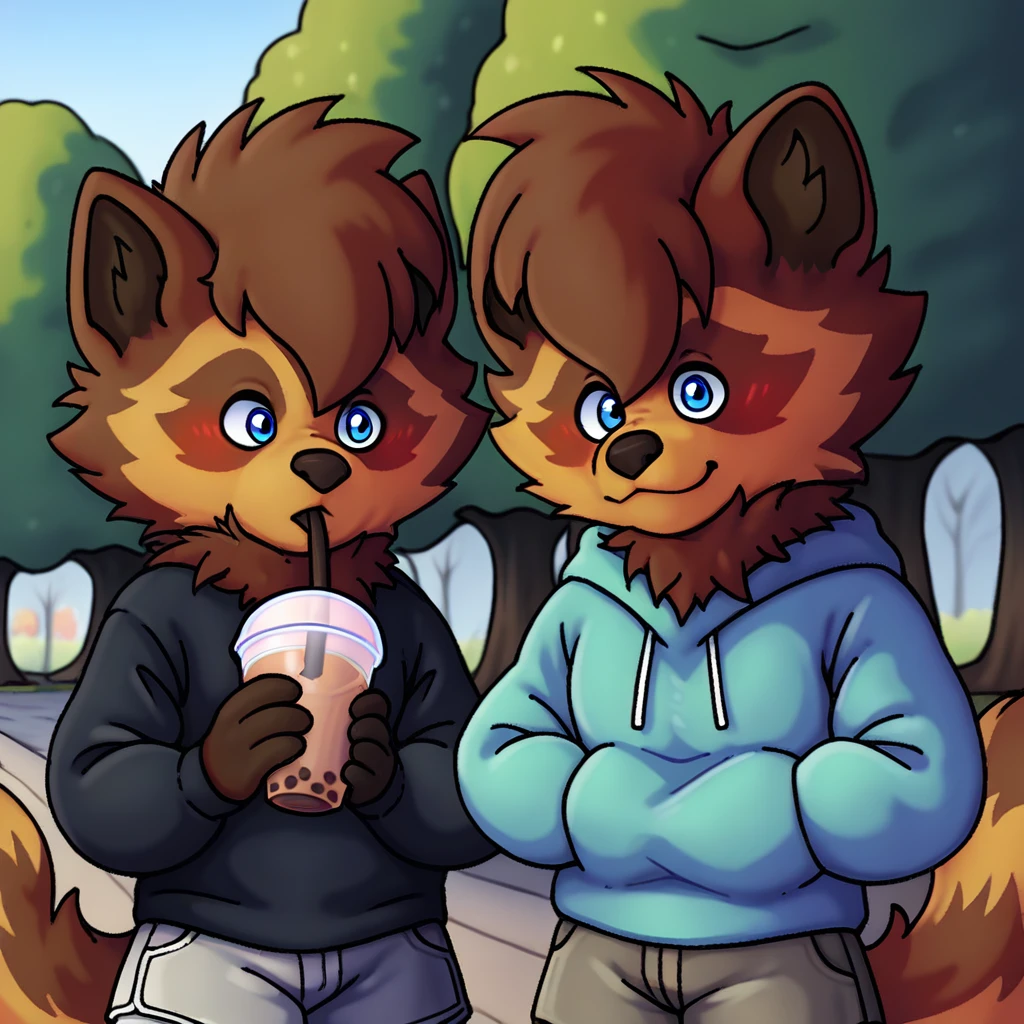 score_9_up, score_8_up, score_7_up, source_furry, silver.exe, blue eyes, brown fur, raccot, black sweater, gray shorts, holding, bubble tea, park