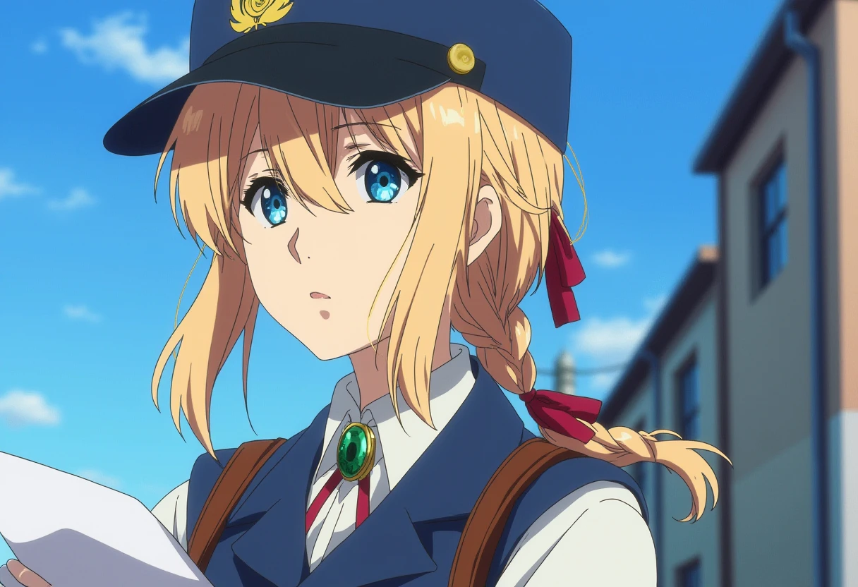 Anime style, sharp, high contrast and highly detailed. Ghibli anime style. Perfect anatomy. Perfect body ratio. No oversized head. No blurry, out of focus pictures. No simple background, no single color background
 <lora:Violet_evergarden_violet_flux_2_2:1> violeteg, blonde,,
She is dressed in her postman uniform. The outfit consists of a structured, navy-blue cap with a gold emblem, likely representing the postal service she works for. Her long blonde hair is styled neatly, with part of it braided and tied with a red ribbon. She wears a white collared shirt underneath a navy-blue vest, giving the outfit a professional and refined look.
A green brooch is fastened at her collar, adding a touch of elegance and personal style to the otherwise functional uniform. A brown strap crosses her body, indicating she may be carrying a bag or satchel, essential for her job as a postman. The outfit conveys both professionalism and grace, fitting for her character and her dedication to delivering letters and happiness to others. The backdrop of the clear blue sky complements her serene demeanor in this scene.
She is holding a letter with her iron, mechanic hand.