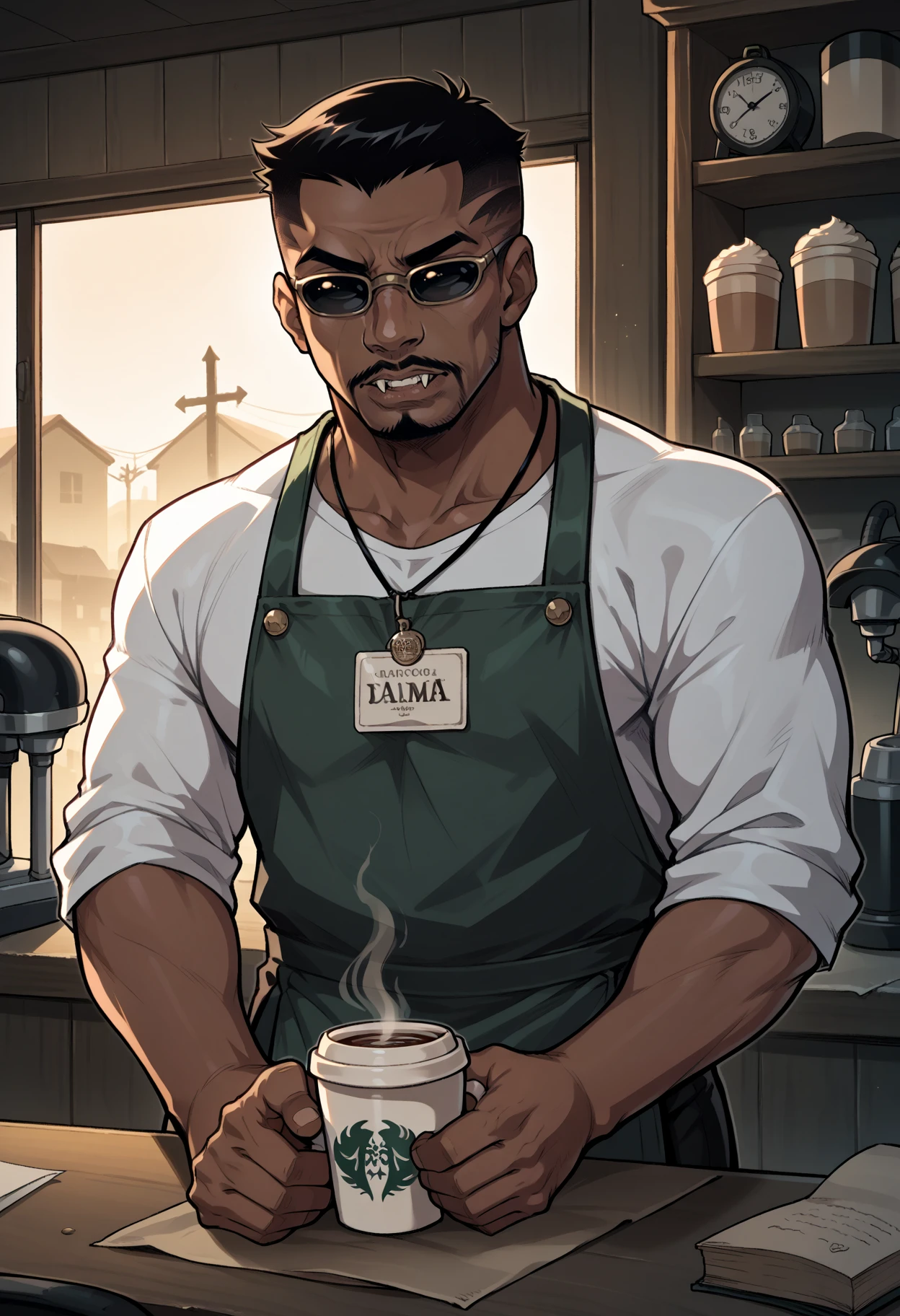 score_9, score_8_up,score_7_up, source_anime, 1boy, solo, bldeb, male focus, manly, dark-skinned male, dark skin, black hair, very short hair, facial hair, mustache, beard, goatee,vampire, 
sunglasses,
apron, coffee cup, espresso machine, name tag, cafe setting,
in a graveyard, supernatural lighting , moonlight,
<lora:bldweb_pdxl_EliPot:1>