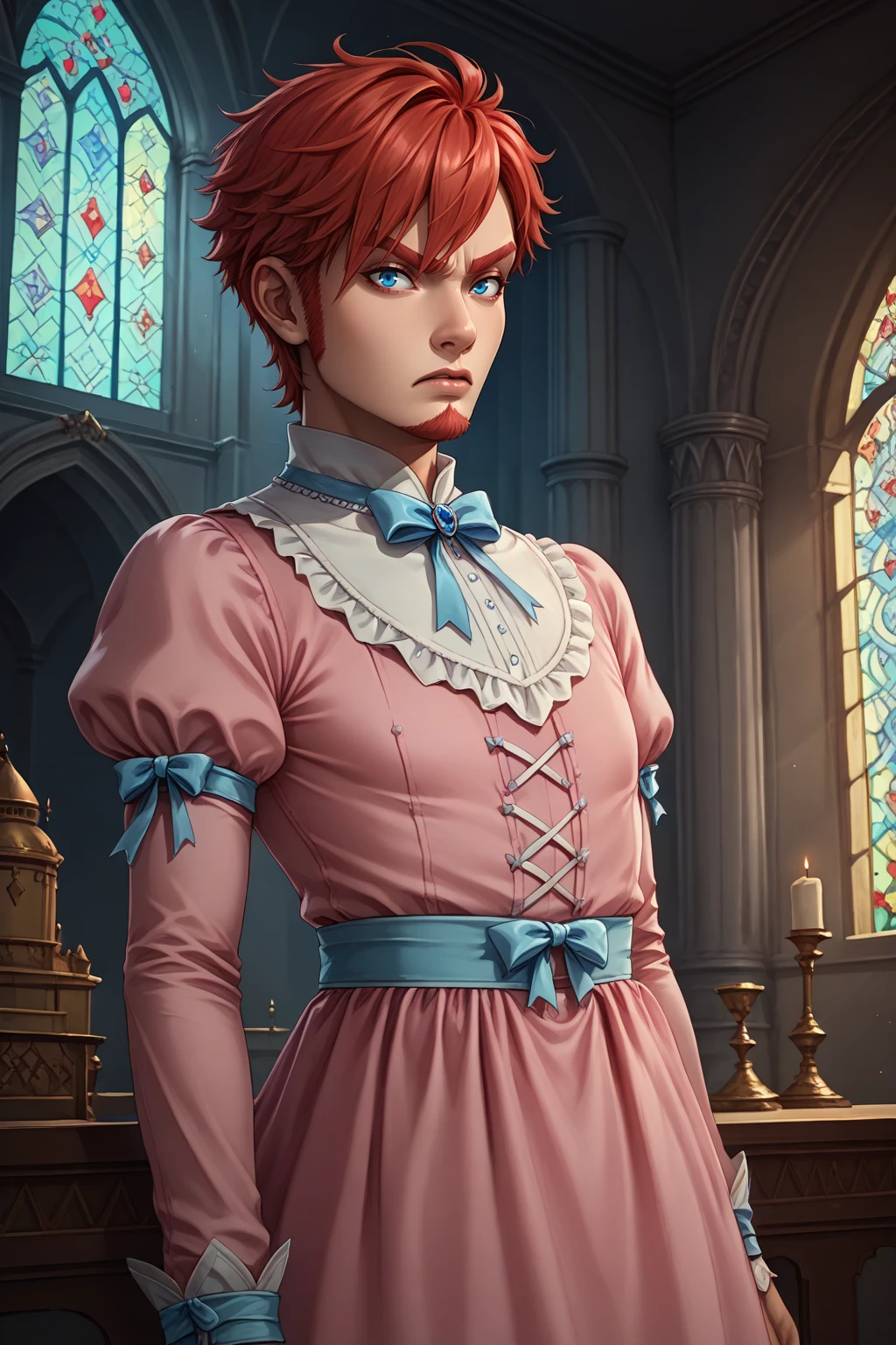 score_9, score_8_up, solo, 1boy, crossdressing, <lora:NSArloPortia:1> NSArloPortia, red hair, blue eyes, goatee, pink dress, hair ribbon, indoors, palace, angry, short hair