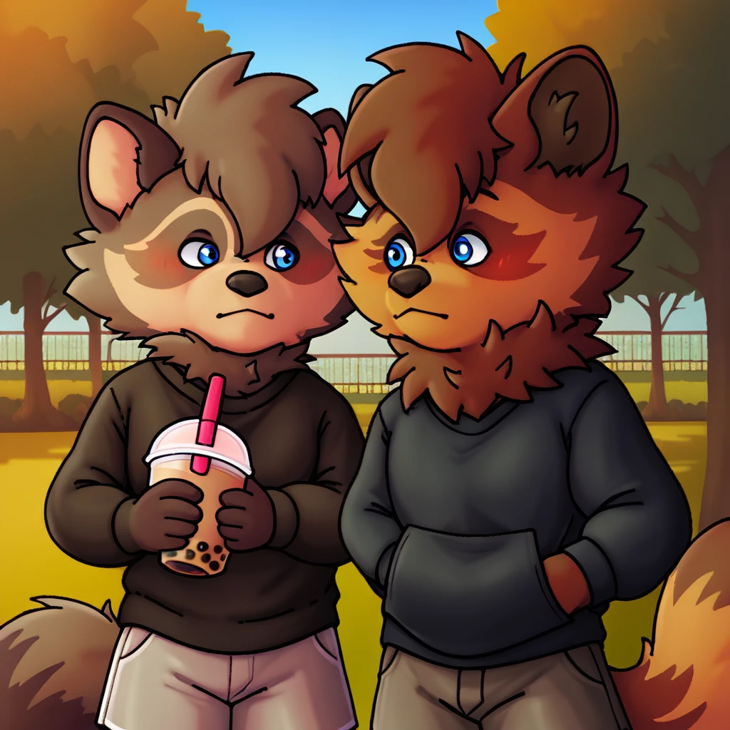 score_9_up, score_8_up, score_7_up, source_furry, silver.exe, blue eyes, brown fur, raccot, black sweater, gray shorts, holding, bubble tea, park