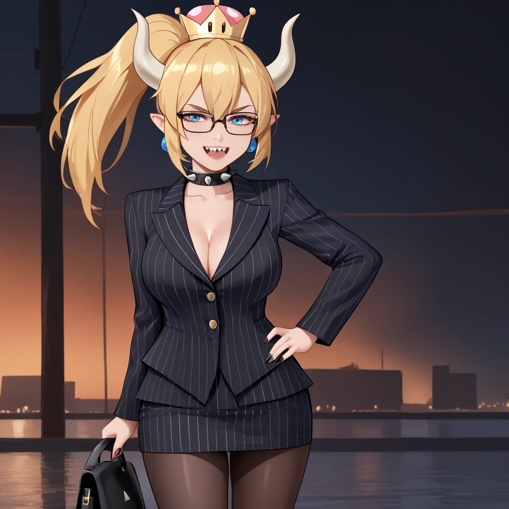 <lora:bowsette_pony_v1:.8>Bowsette, 1girl, solo, blue eyes, horns, jewelry, spikes, ponytail, earrings, super crown, blonde hair, large breasts, spiked collar, pointy ears, spiked bracelet, sharp teeth,  sharp fingernails, nail polish, black nails, cowboy shot <lora:0856 OL professional suit skirt 1_v1_pony:1> ruanyi0856,striped jacket,choker,black pantyhose,striped skirt,glasses,black skirt,pinstripe pattern