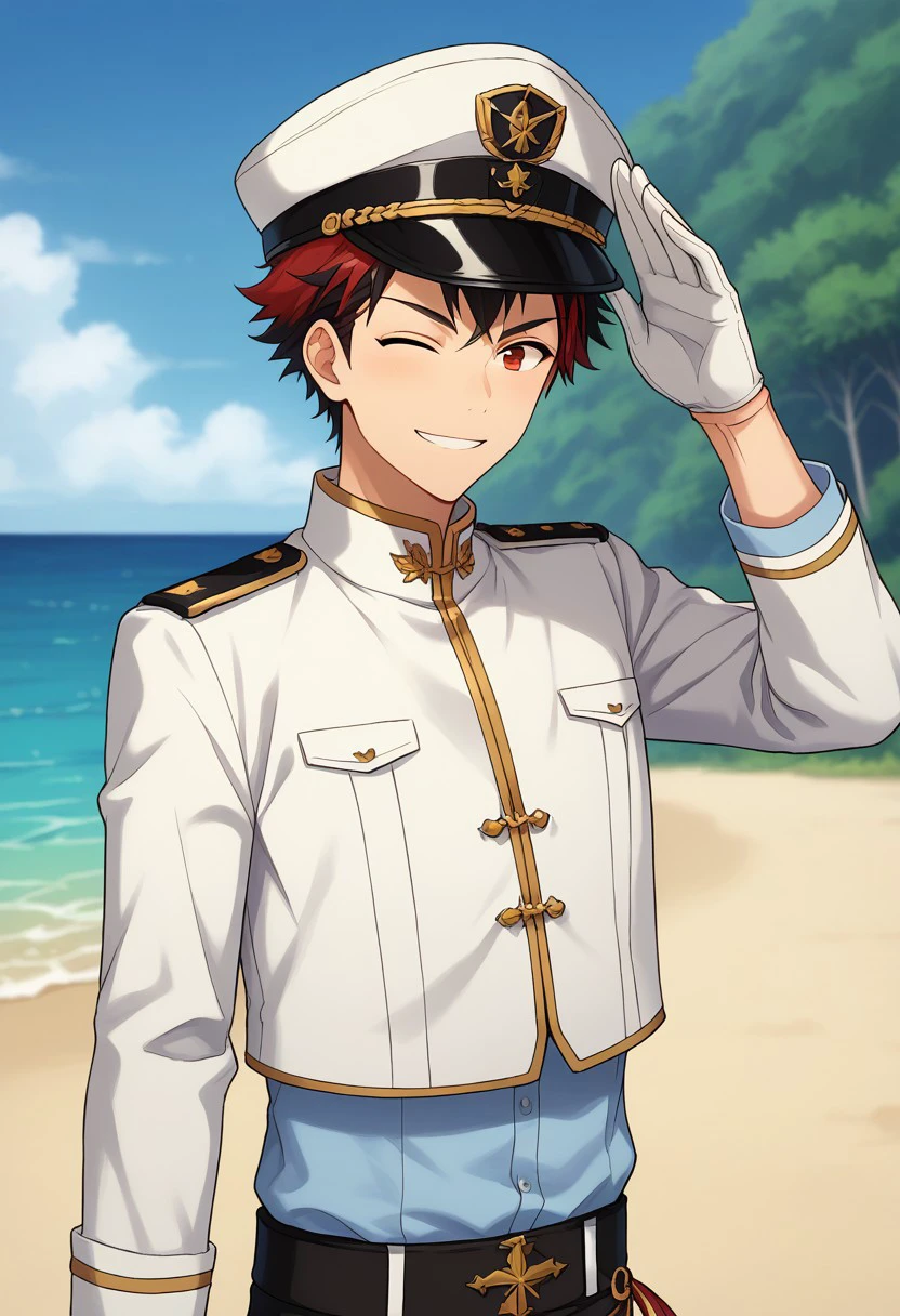 score_9, score_8_up, score_7_up, source_anime, highly detailed, 
nagumo, 1boy, male focus, solo, black hair, red hair, multicolored hair, streaked hair, red eyes, military uniform, military, uniform, hat, peaked cap, shirt, blue shirt, aiguillette, jacket, white jacket, gloves, white gloves, one eye closed, salute, ;D, smile
outdoor, upper body, ocean