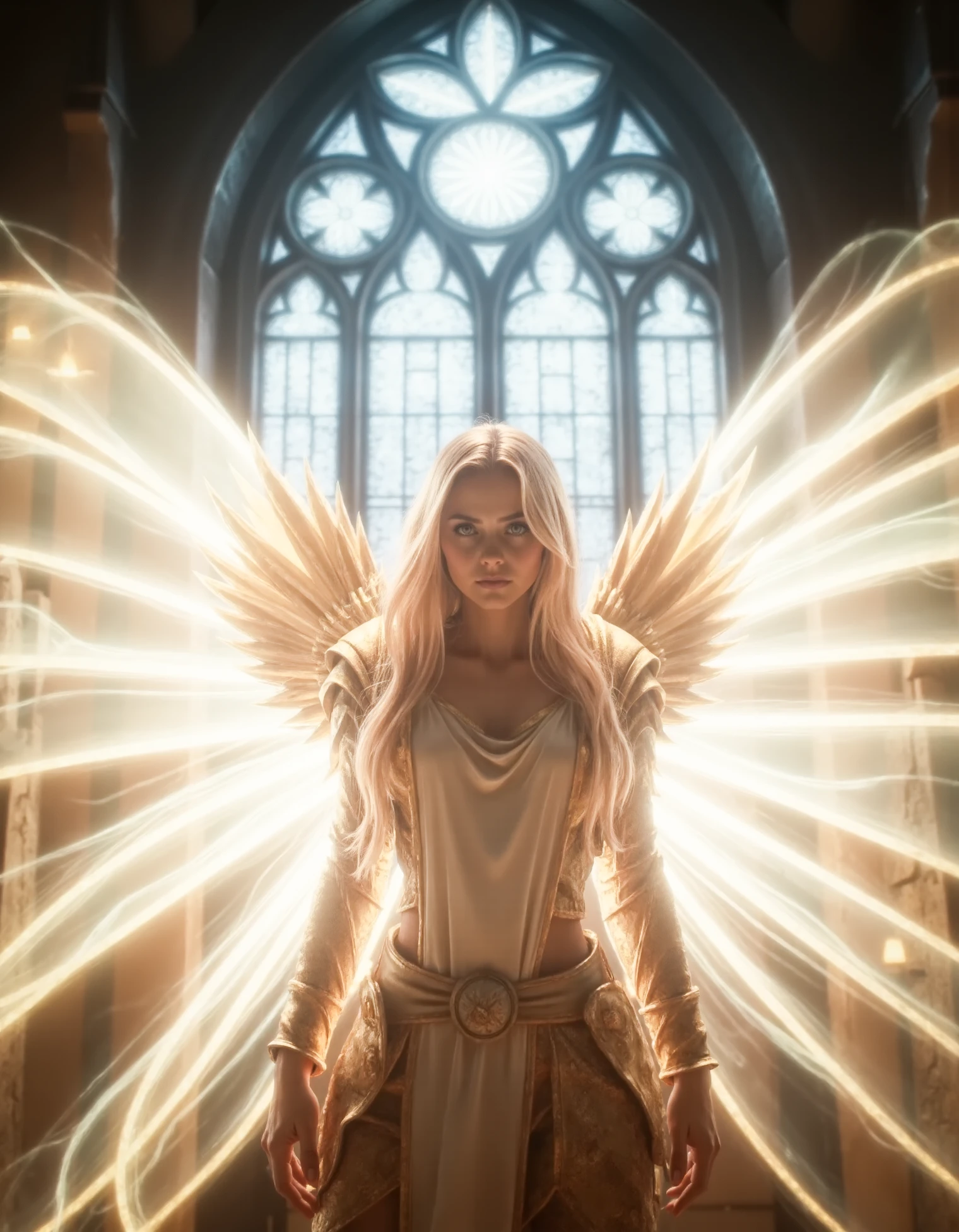 zavy-thrlngl, close up portrait shot of a female angel with ethereal wings in a cathedral in front of a majestic stained glass window with light shining through it, long blonde hair, blue eyes