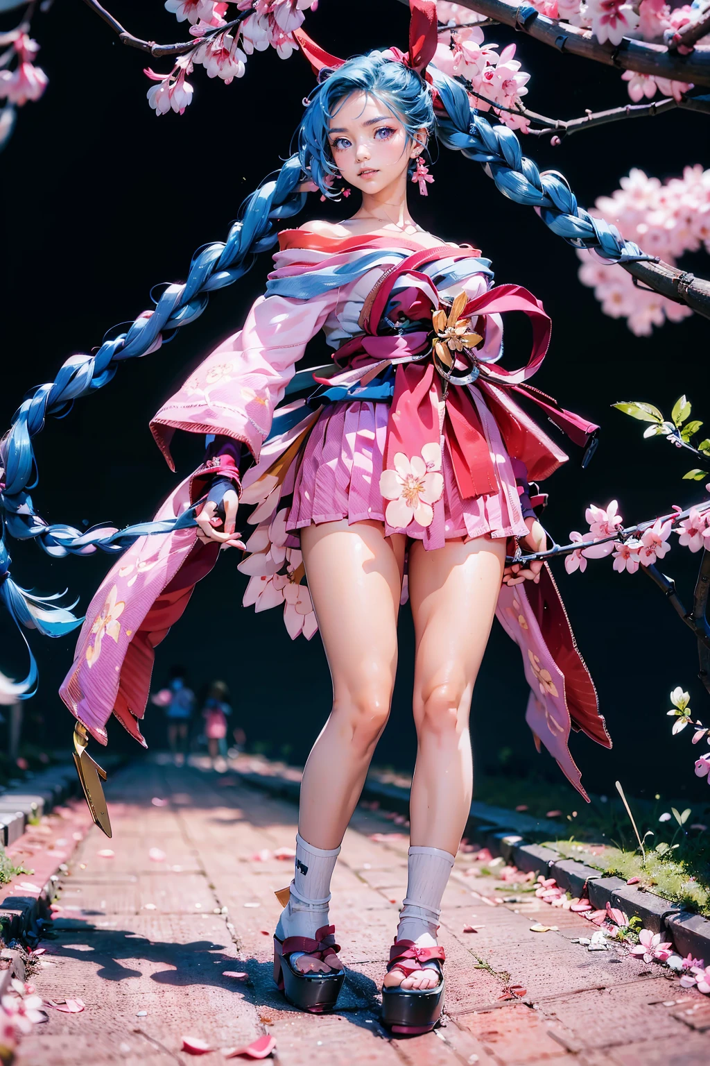 <lora:airi sakura fubuki aov new:0.8>, airi sakura fubuki, 1girl, solo, long hair, very long hair, blue hair, hair ornament, braid, twin braids, ribbon, hair ribbon, earrings, looking at viewer, pink eyes, lips, flower, bow, jewelry, japanese clothes, ((bare shoulders)), floral print, socks, kimono, print kimono, short kimono, obi, long sleeves, breasts, large breasts, tabi, skirt, pink skirt, geta, platform footwear, simple background, (realistic:1.4), best quality, ultra high res, (photorealistic:1.4), masterpiece, real life skin, hyper real