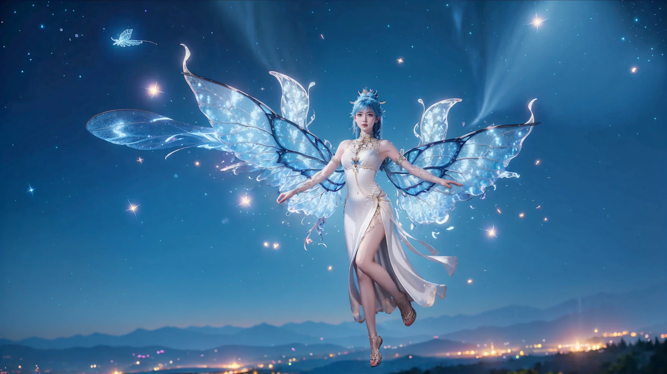 1girl,solo,long hair,bangs,blue hair,hair ornament,braid,blue eyes,closed mouth,jewelry,dress,butterfly wings,glowing wings,toes,sandals,(levitation on air,flying:1.3),looking at viewer,outdoors,night sky,flower,((glowing)),(glowing particles,sparkle),fireflies,(scenery),shiny,blurry,(full body),Highly detailed,(ultra-detailed),(best quality,masterpiece:1.5),<lora:20240928-1727465731121:0.6>,