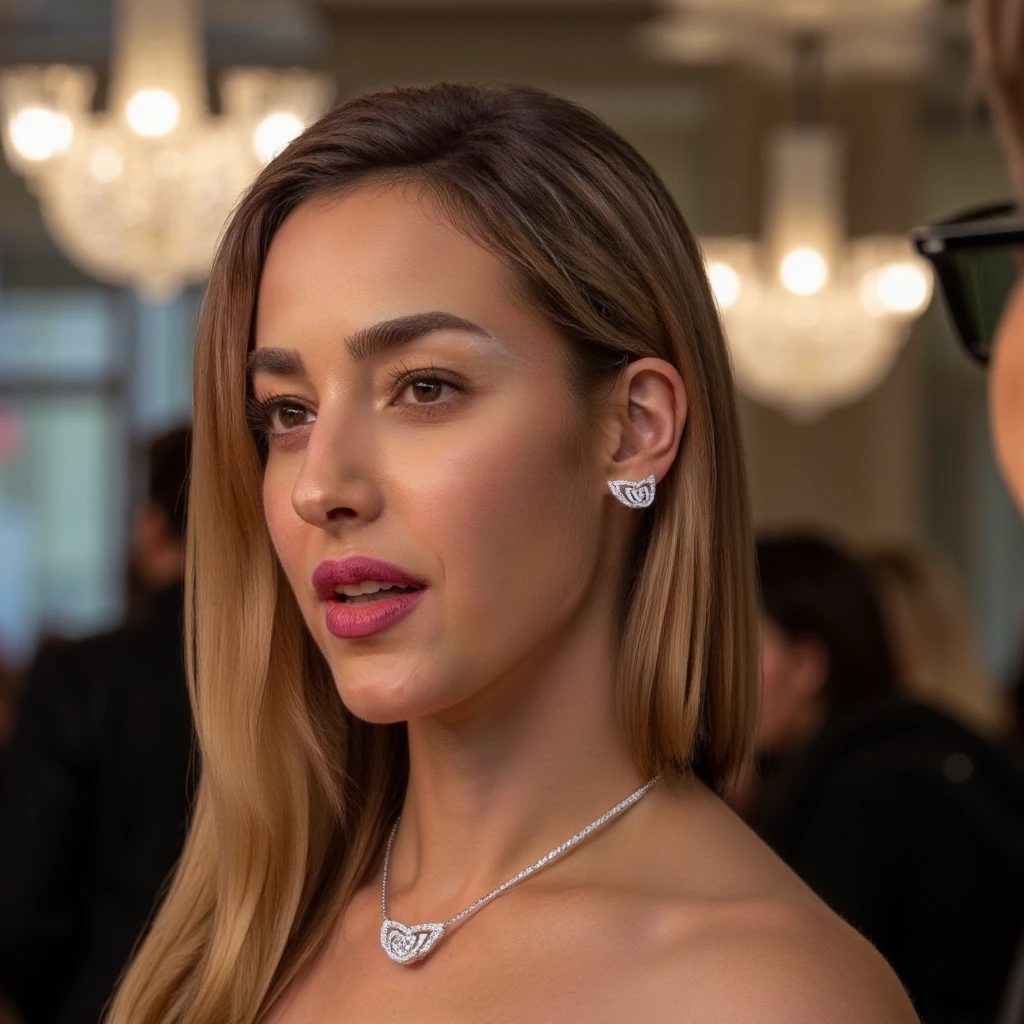 Photograph of a blonde british woman . She wears a Eternel_earrings and a necklace. focus is on the Eternel_earrings. from side. In a room. The scene is bathed in soft, ambient lighting from sleek chandeliers, creating a warm glow that contrasts with the cool cityscape outside, adding a touch of luxury and sophistication