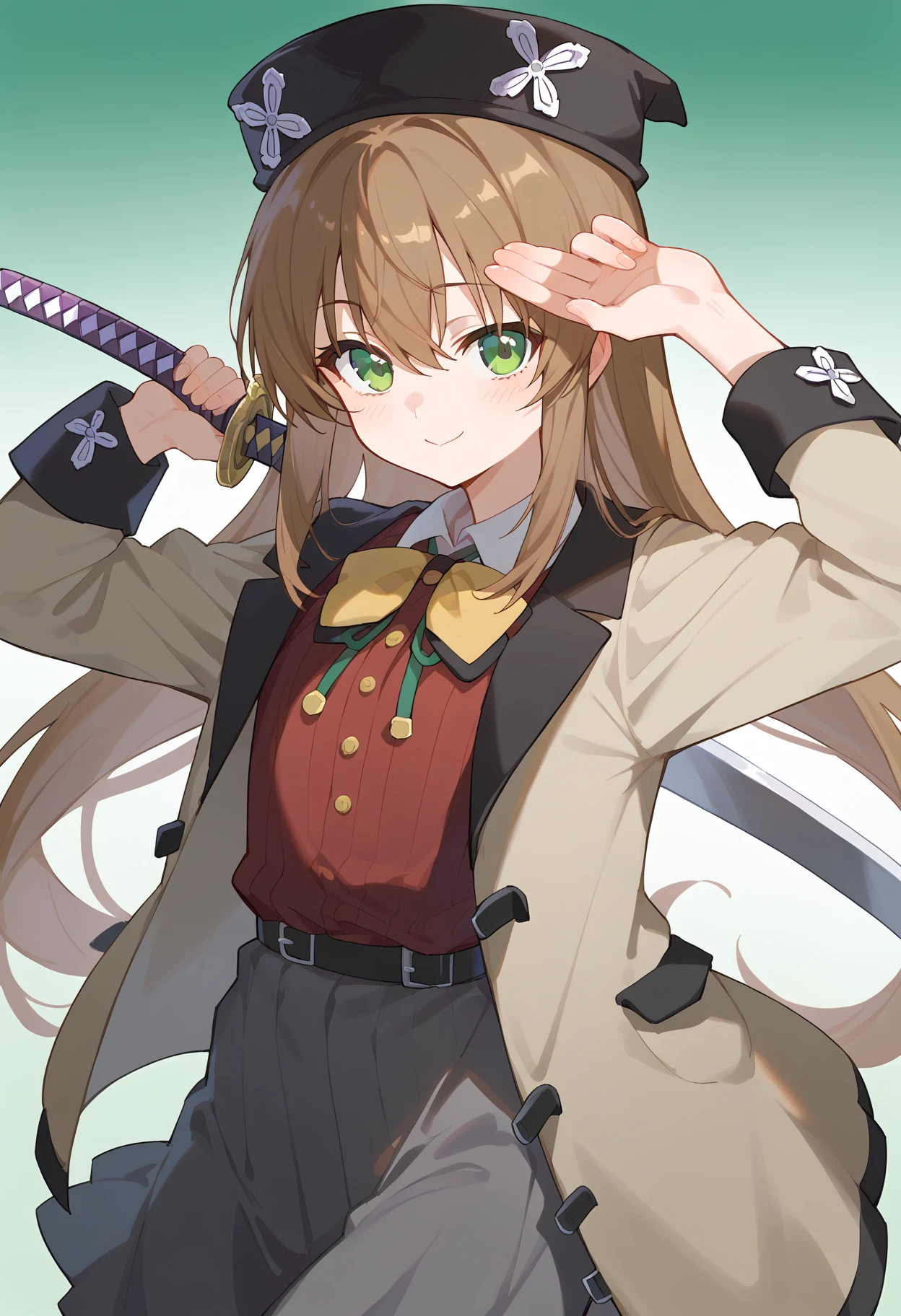 score_9, score_8_up, score_7_up, source anime, el mofus, 1girl, weapon, sword, green eyes, long hair, holding, holding weapon, holding sword, smile, brown hair, katana, horse, looking at viewer, black pleated skirt, gradient background, sheath, shirt, black headwear, hat, solo, closed mouth, jacket, green background, long sleeves, yellow bow, hair between eyes, very long hair, bow, red shirt, grey skirt, arm up, open clothes, belt, brown coat, collared shirt, bowtie, red sweater, blush, standing, open jacket