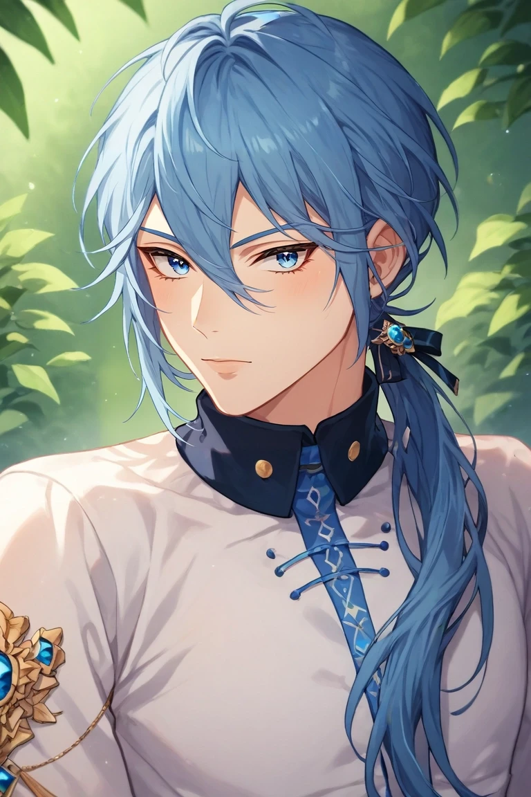 score_9, score_8_up, score_7_up, , rating_safe, intricate details, semi-realistic, looking at viewer, depth of field, 1boy, solo, male focus, <lora:edmond_nu_carnival_pony:1>, edmond_nu_carnival, blue hair, blue eyes, long hair, hair between eyes, low ponytail, , , <lora:sdxl_lightning_8step_lora:1>