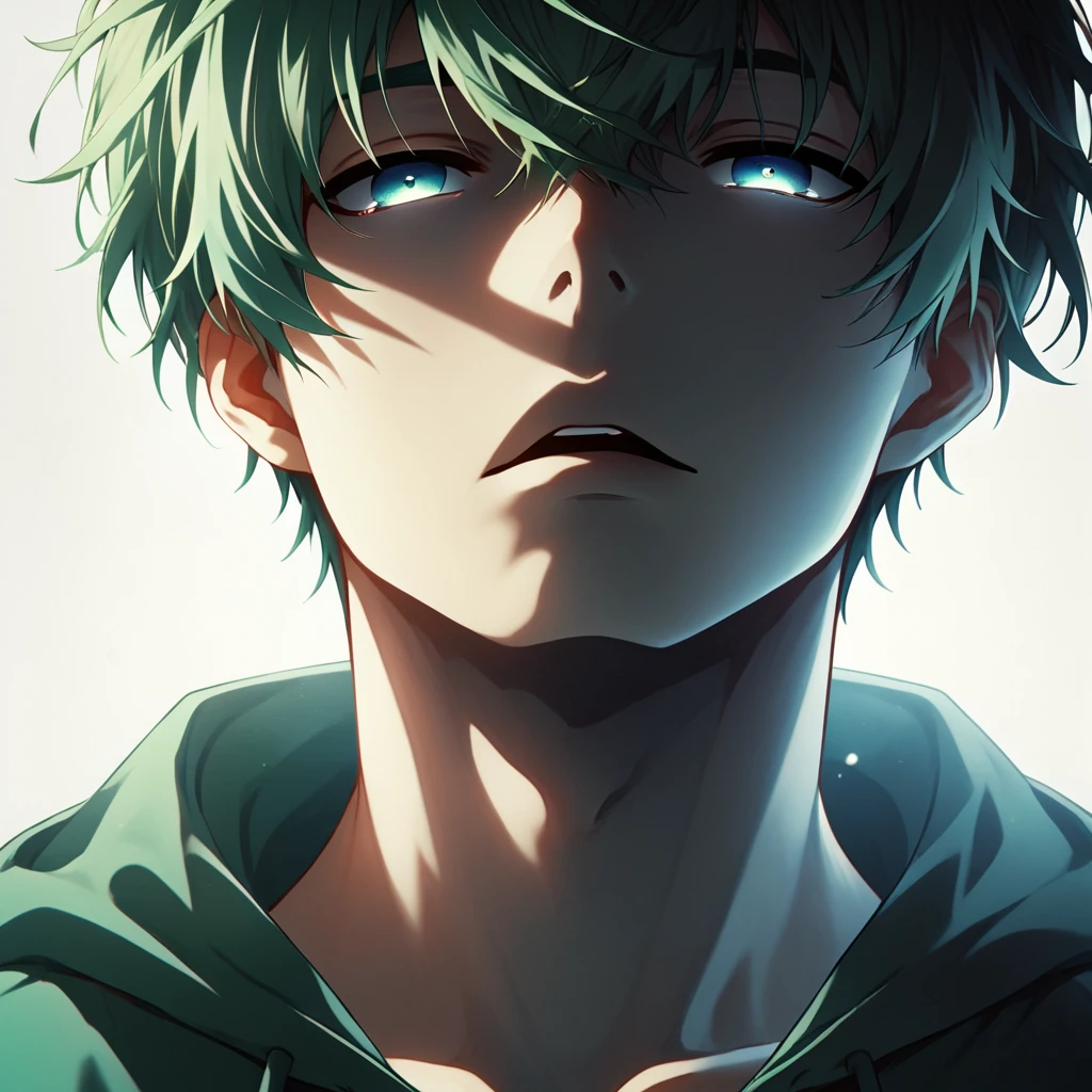 <lora:Eclipse_Faces:1>, eclipsefaces, 1boy, solo, male focus, dim, backlighting, green hair, hoodie, open eyes, score_9, score_8_up, score_7_up, score_6_up,