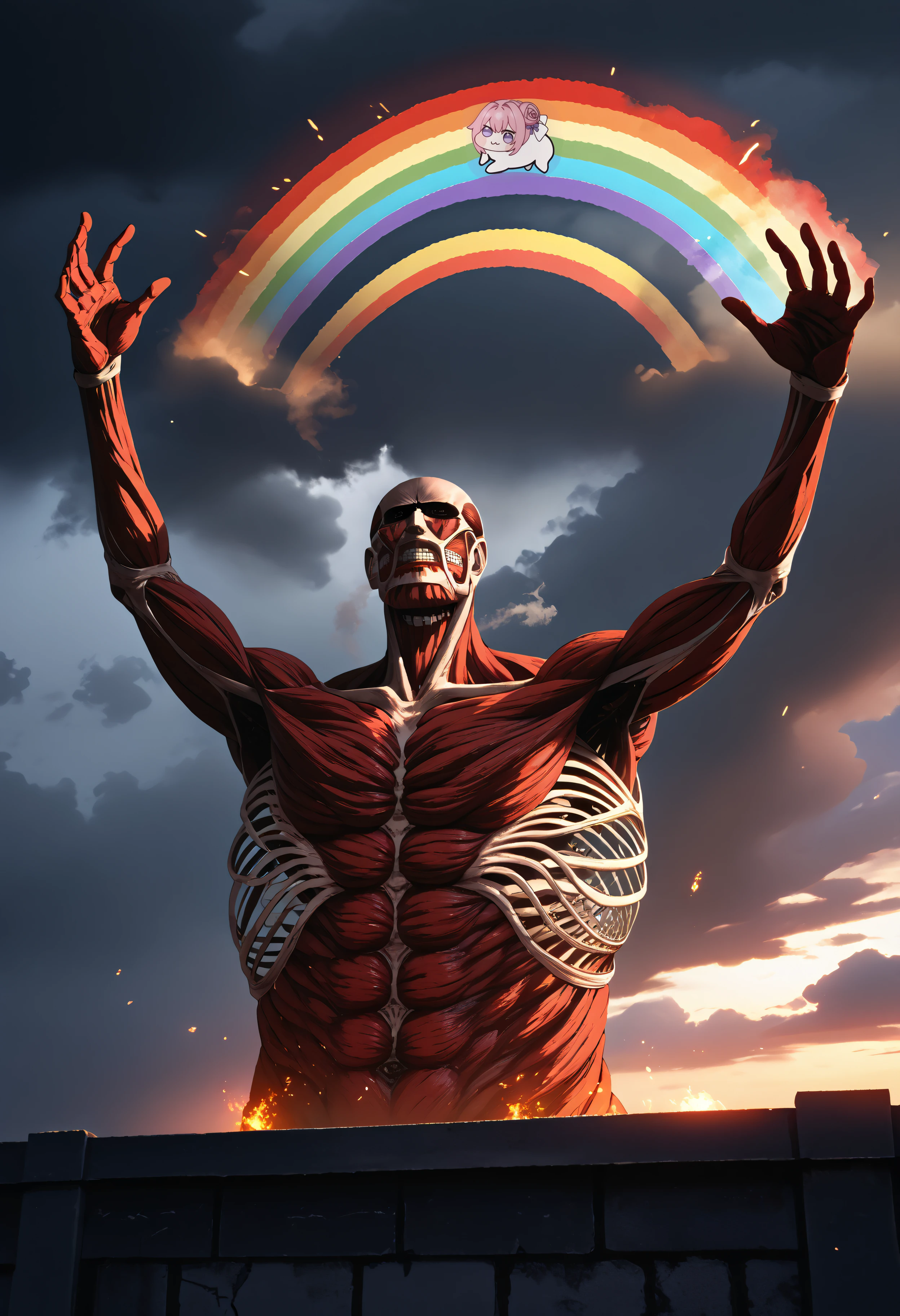 <lora:colossaltitan_aot_xypher_pdxl_v1:1>score_9, score_8_up , score_7_up BREAK source_anime, colossal titan, bald, red skin, teeth, ribs, giant, steam, lighting, storm, clouds, sunset, embers, shingeki no kyojin, <lora:ImaginationSpongebobMeme_pdxl_Incrs_v1:1.2> rainbow, outstretched arms, arms up, peeking out