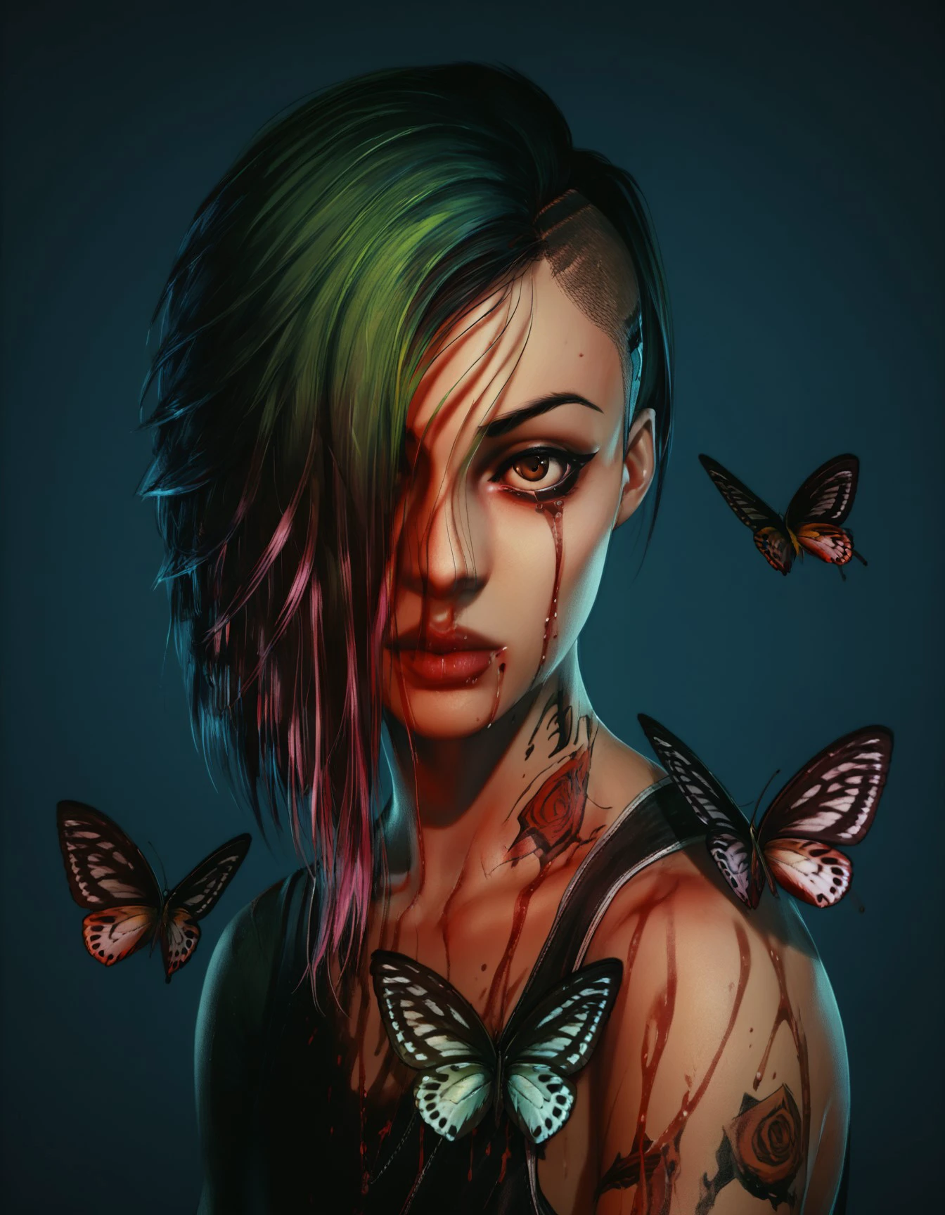 score_9, score_8_up, score_7_up, Rtx Graphics style, 1girl, solo, looking at viewer, short hair, brown eyes, upper body, flower, hair over one eye, tattoo, watermark, bug, butterfly, skull, realistic, lily (flower), full-body tattoo