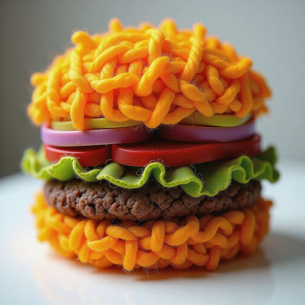 Double cheeseburger, yarn style, <lora:flux-dev-lora-yarn:1.9>