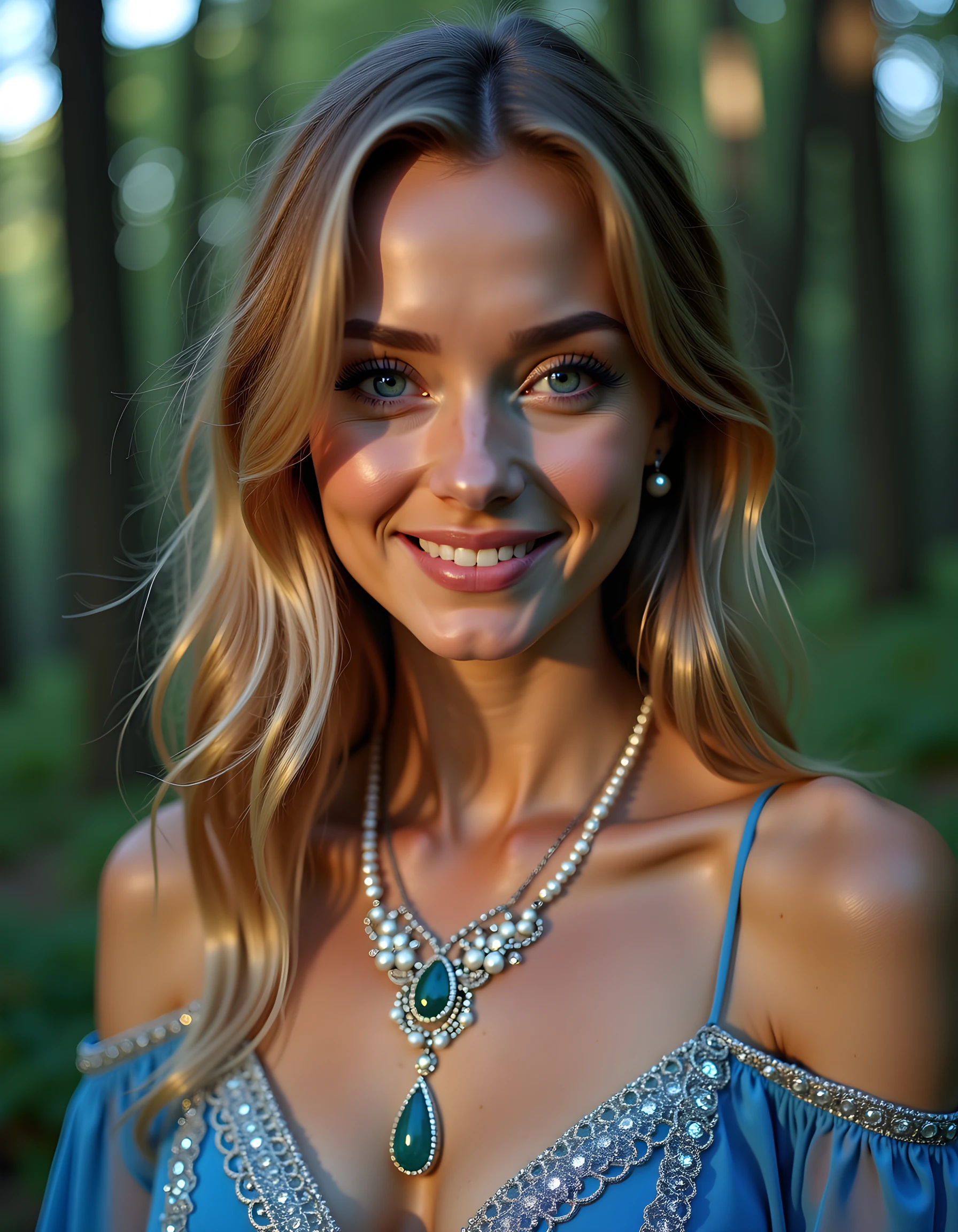 A captivating close-up shot of C1ND1E, a stunning woman with both green and blue eyes, each sparkling like precious gems, is framed against the backdrop of an enchanting, moonlit forest. Her lips are parted ever so slightly, revealing a radiant smile that lights up her ethereal features. A delicate necklace made of interwoven pearls and silver filigree adorns her slender neck, cascading down to meet the intricate patterns on the bodice of her shimmering blue dress. The soft focus and blurry background highlight the play of light reflecting off her flawless, alabaster skin, creating an otherworldly glow. The warm, ethereal lighting adds a dreamlike quality to the image, as if she has stepped out of a fairy tale, capturing the hearts of all who gaze upon her enchanting beauty.