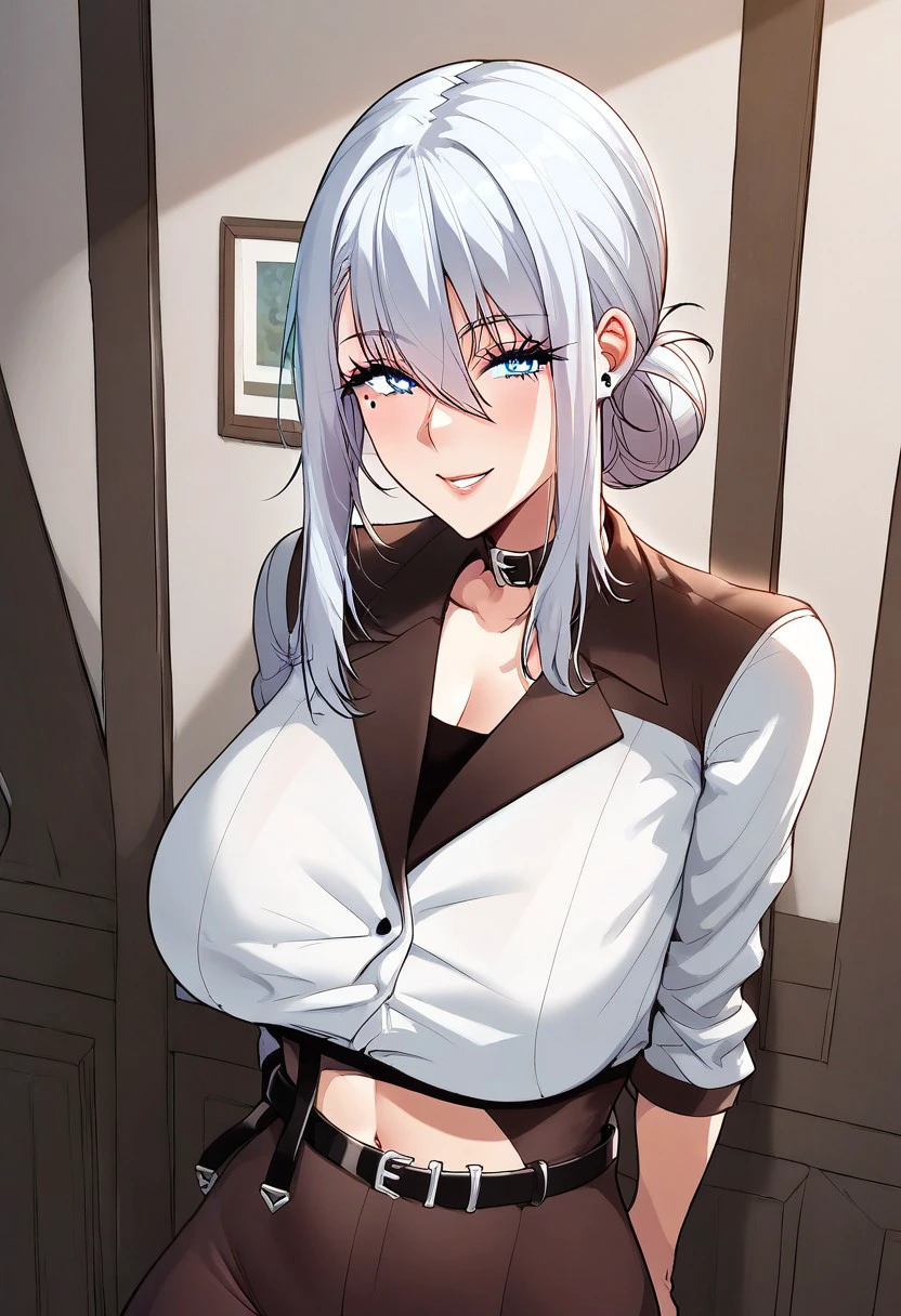 masterpiece, best quality, absurdres, perfect antomy, indoors, (Kyouka Uzen), silver hair, horns, bra, breasts, cleavage, collarbone, long sleeves, looking at viewer, navel, open clothes, open shirt, skirt, shirt, blush, open mouth <lora:KyoukaUzen:0.9>