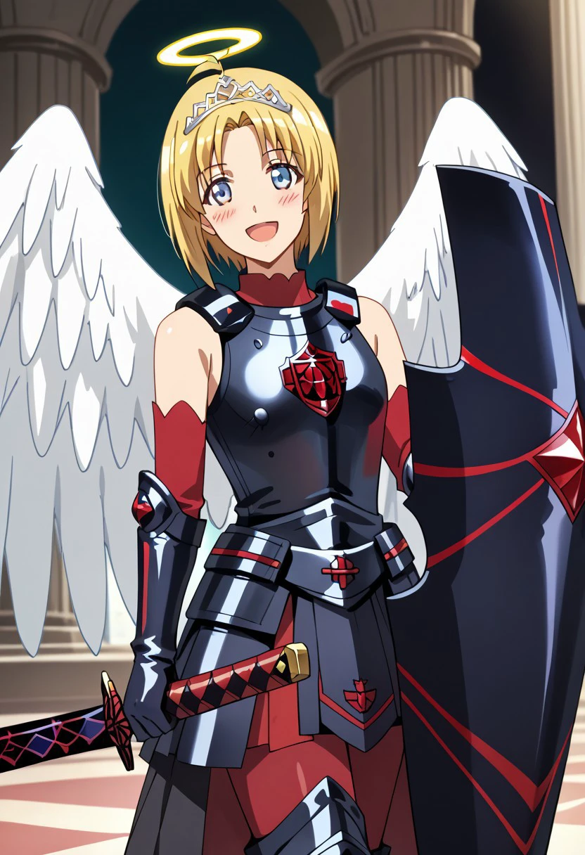 score_9,score_8_up,score_7_up,source_anime,Kaede Honjou (Loving Sacrifice),1girl,solo,looking at viewer,blush,smile,open mouth,gloves,holding,weapon,heart,:d,wings,elbow gloves,sword,holding weapon,armor,tiara,angel wings,shield,angel,pillar,column,