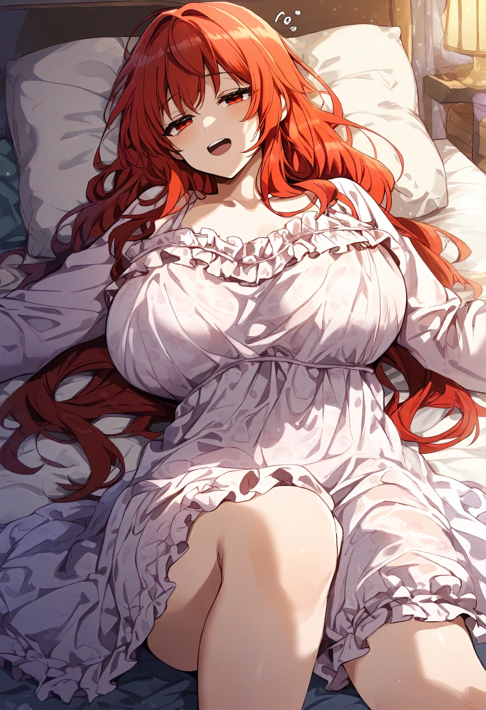 1girl, Anime girl with long hair, anime moe art style, Anime visuals of cute girls, Anime Best Girl, itsuki nakano fanart, pretty anime girl, Smooth Anime CG Art, Seductive Anime Girl, charming anime girls, Cute anime girl, Shining eyes, big boobs, (((((leaning forward))))), ((looking at viewer)), (((((seductive face))))), close up, red hair, blue eyes, (((white lingerie dress))), bedroom, ahago, ((from above)), (((((laying on bed))))), armpit, spreading legs, ((cameltoe pussy)), intern thigh